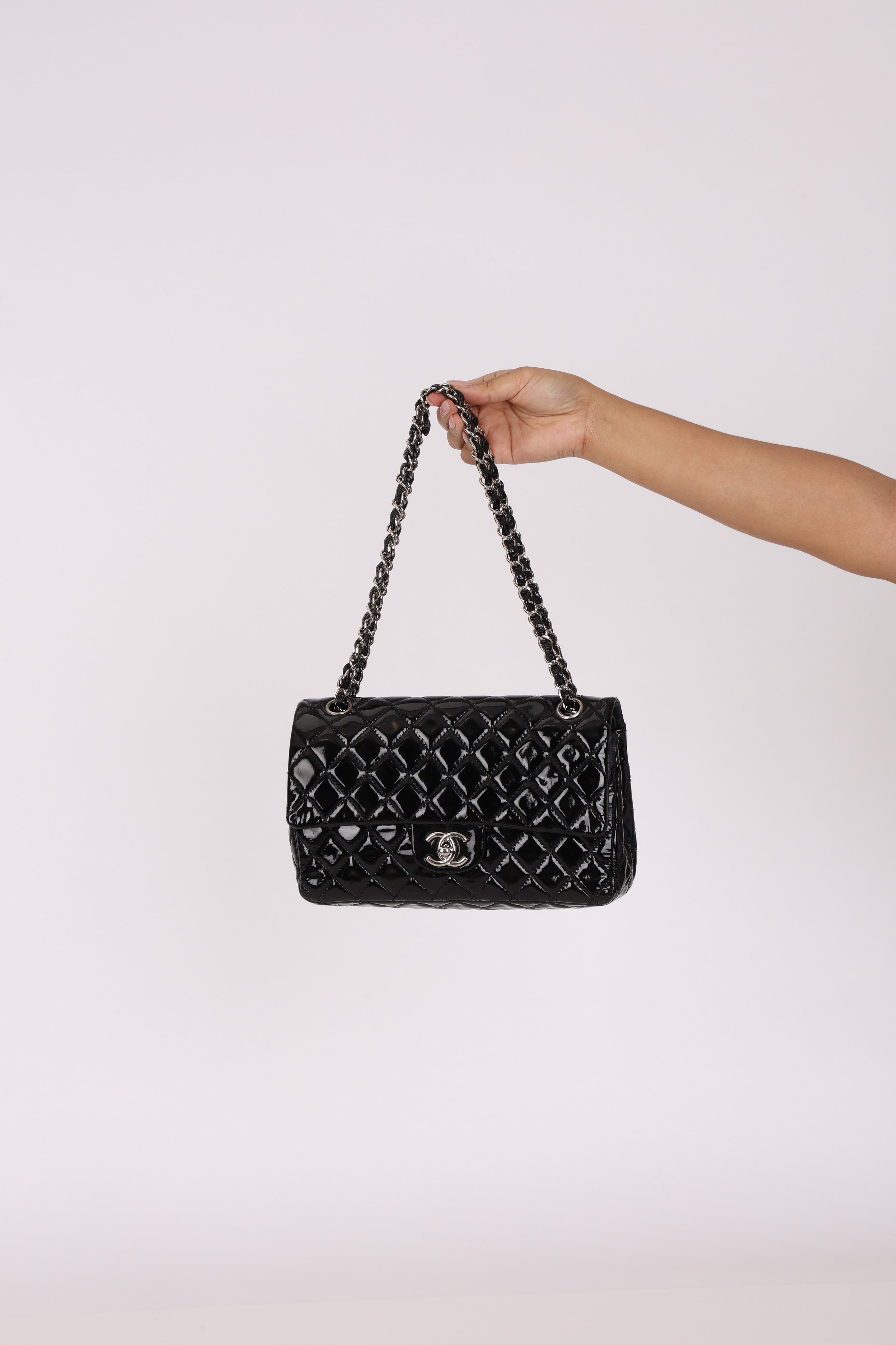 Chanel Medium Classic Double Flap Black Patent SHW