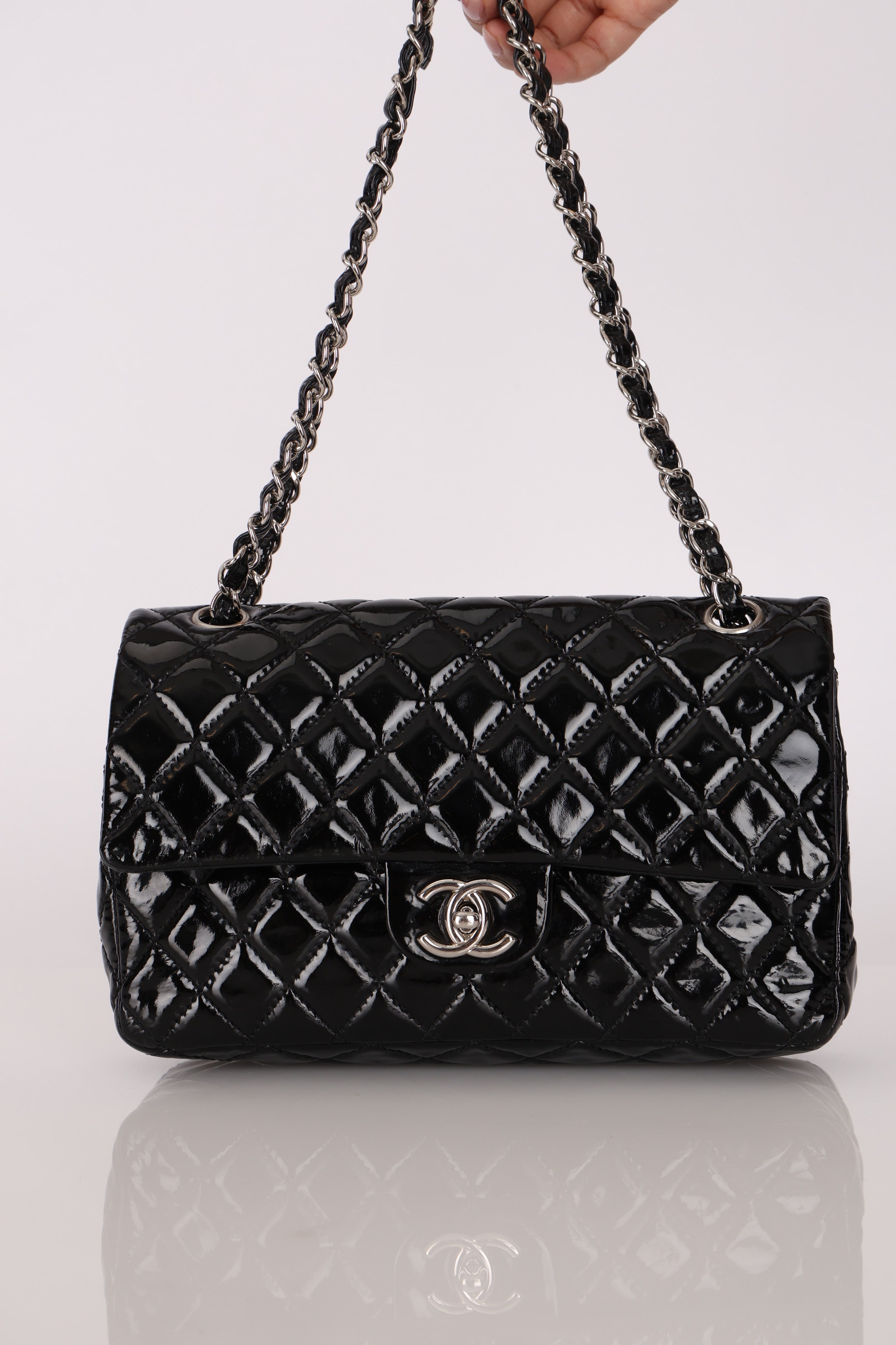 Chanel Medium Classic Double Flap Black Patent SHW
