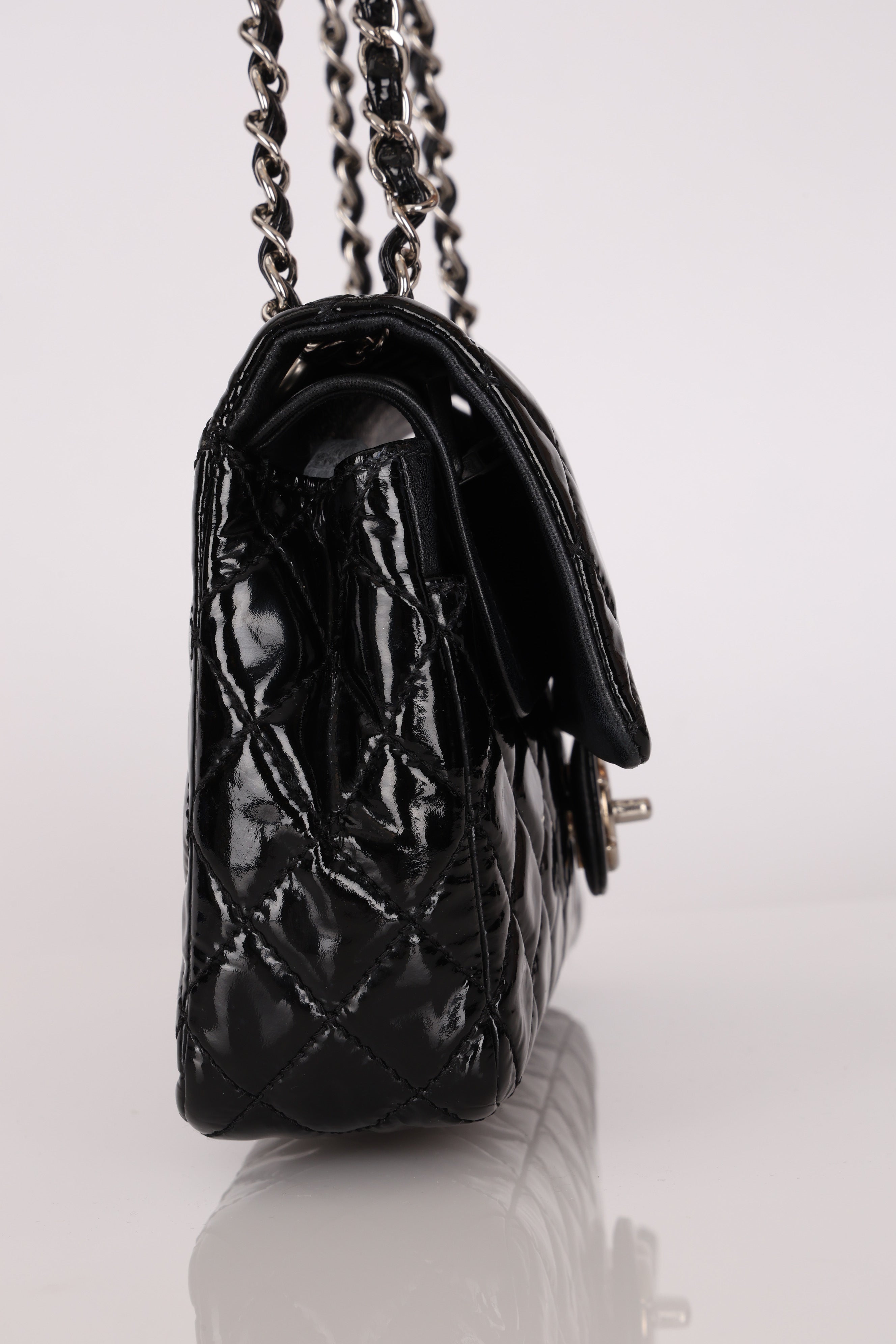 Chanel Medium Classic Double Flap Black Patent SHW