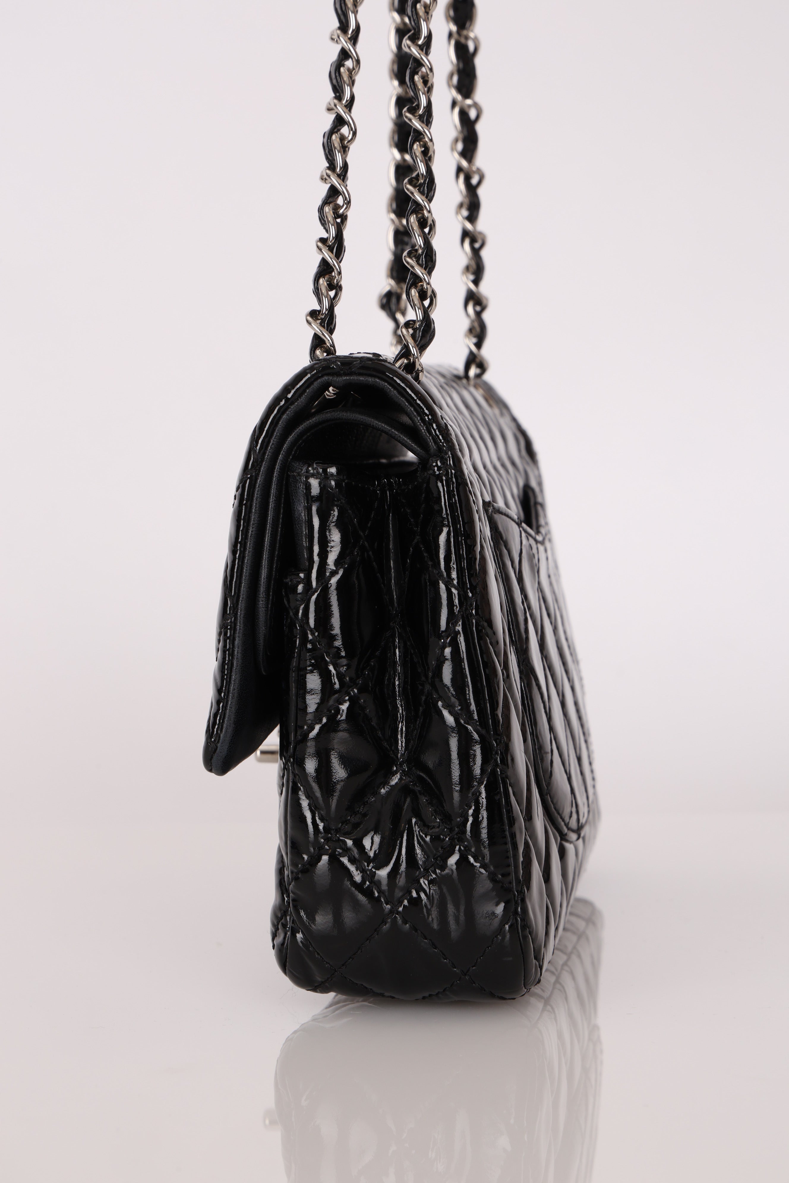 Chanel Medium Classic Double Flap Black Patent SHW