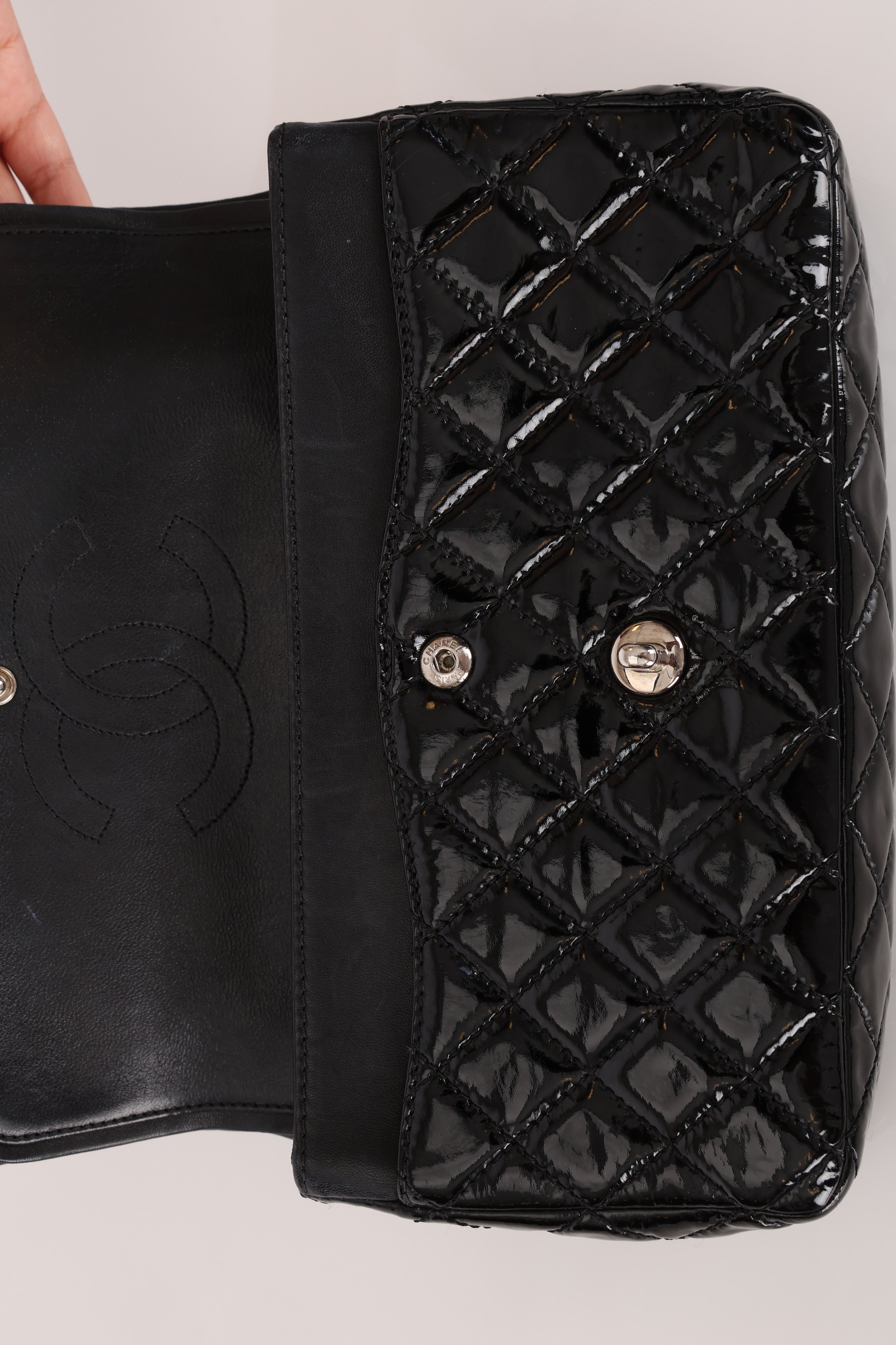 Chanel Medium Classic Double Flap Black Patent SHW