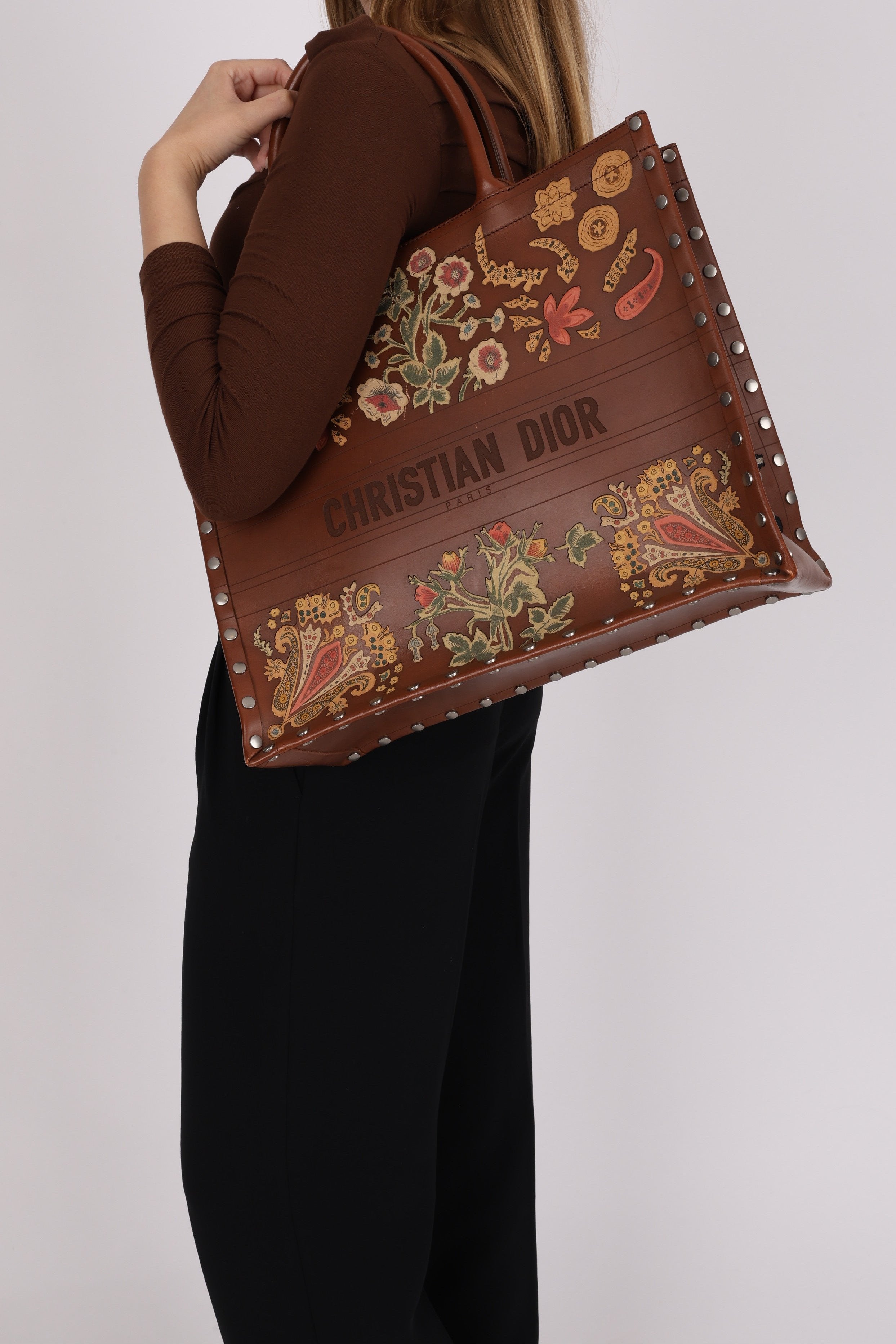 Dior Floral Book Tote Cognac Leather