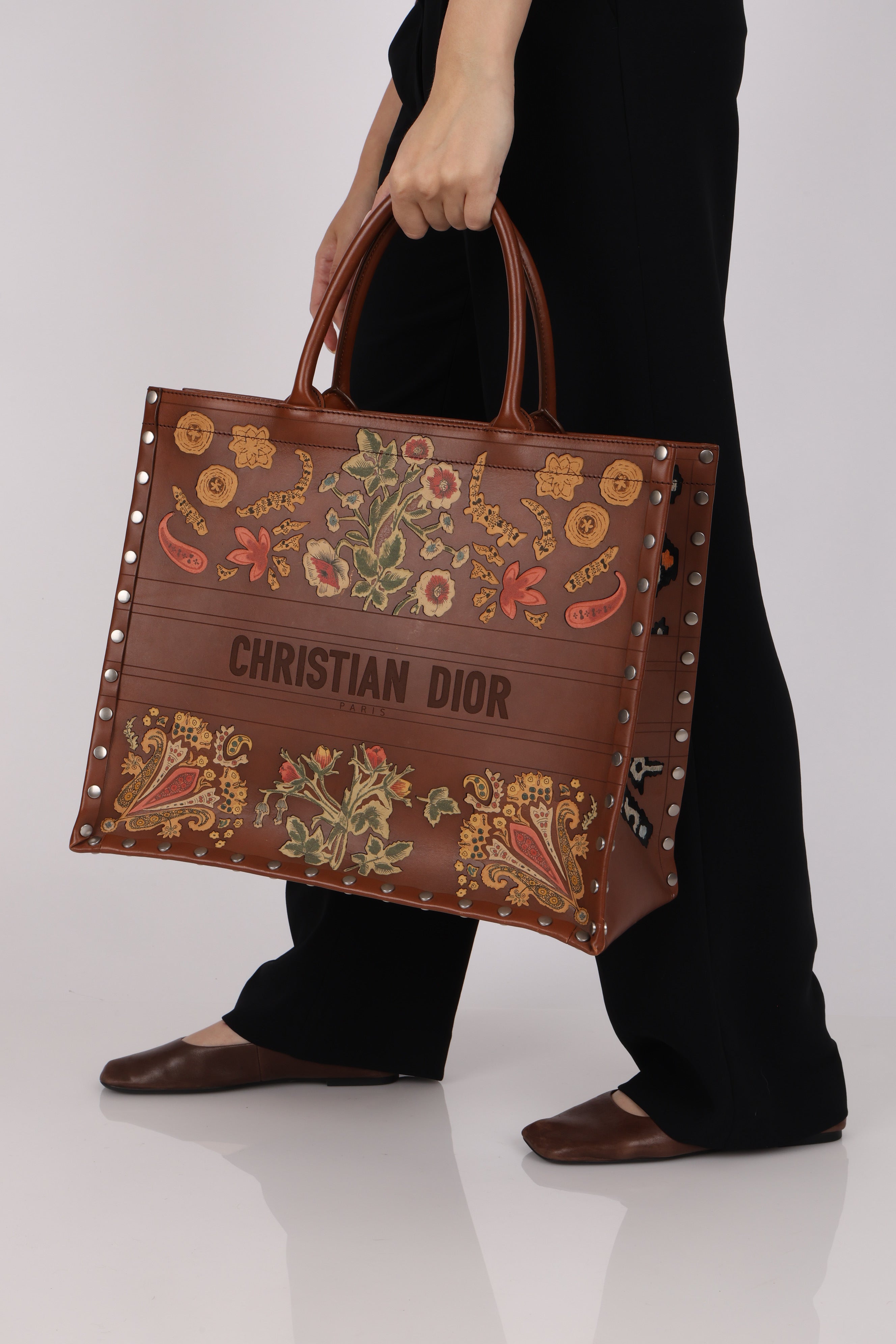 Dior Floral Book Tote Cognac Leather