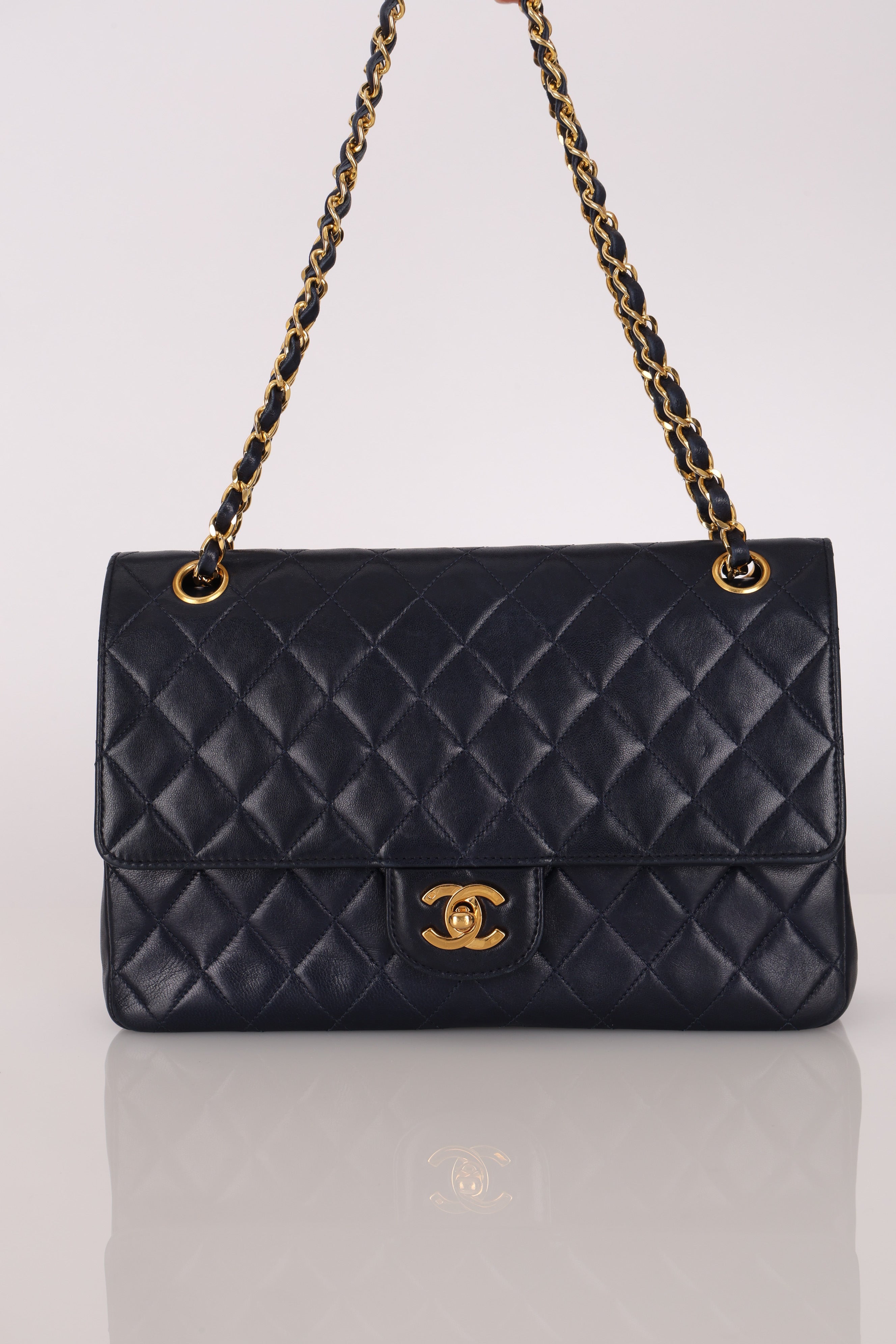 Chanel Medium Classic Double Flap Navy Lambskin 1992 24K GP (DONE)