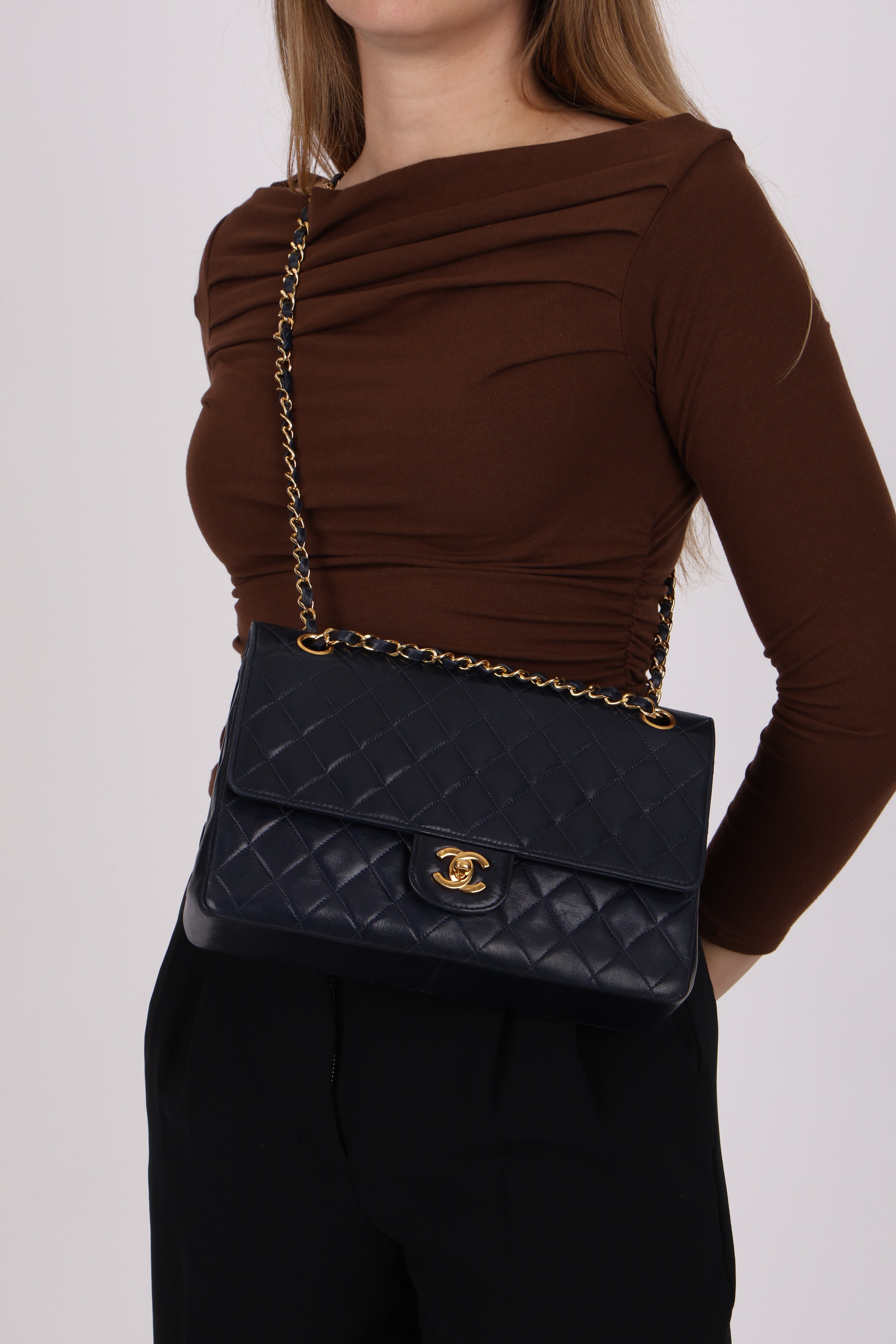 Chanel Medium Double Flap Navy Lambskin 24K GP