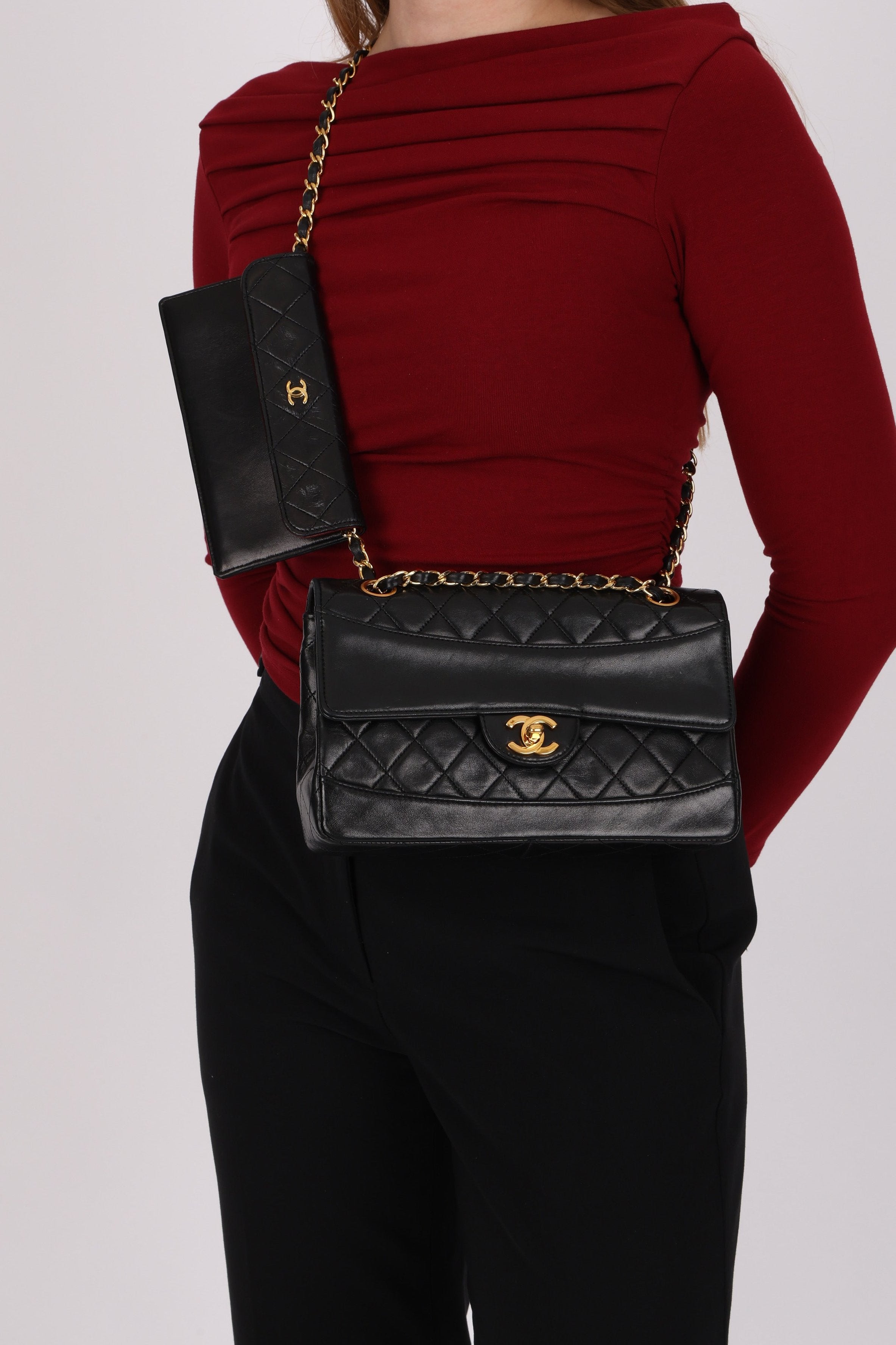 Chanel Small Single Flap w/ Pouch Black Lambskin 24K GP