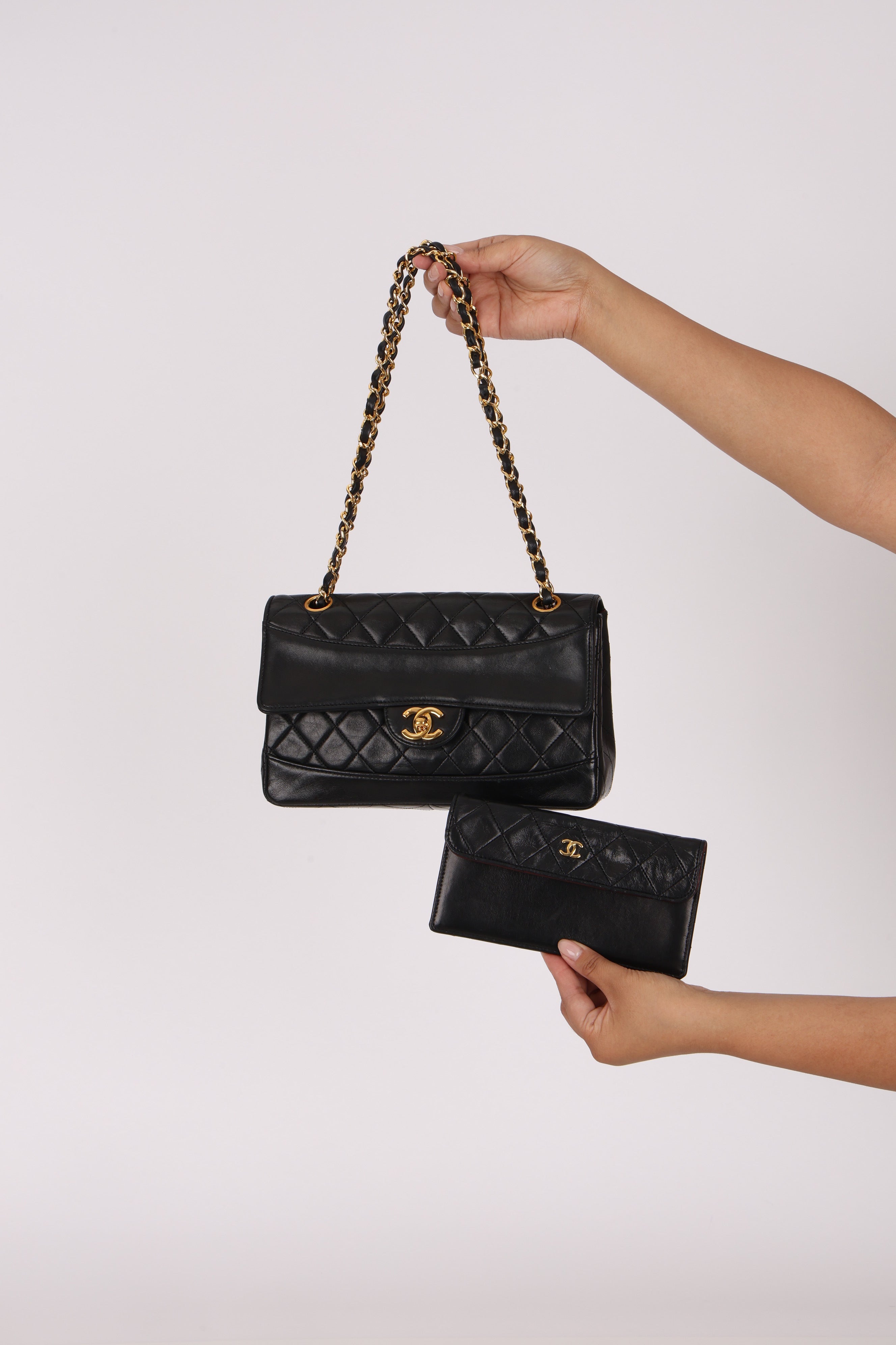 Chanel Small Single Flap w/ Pouch Black Lambskin 24K GP