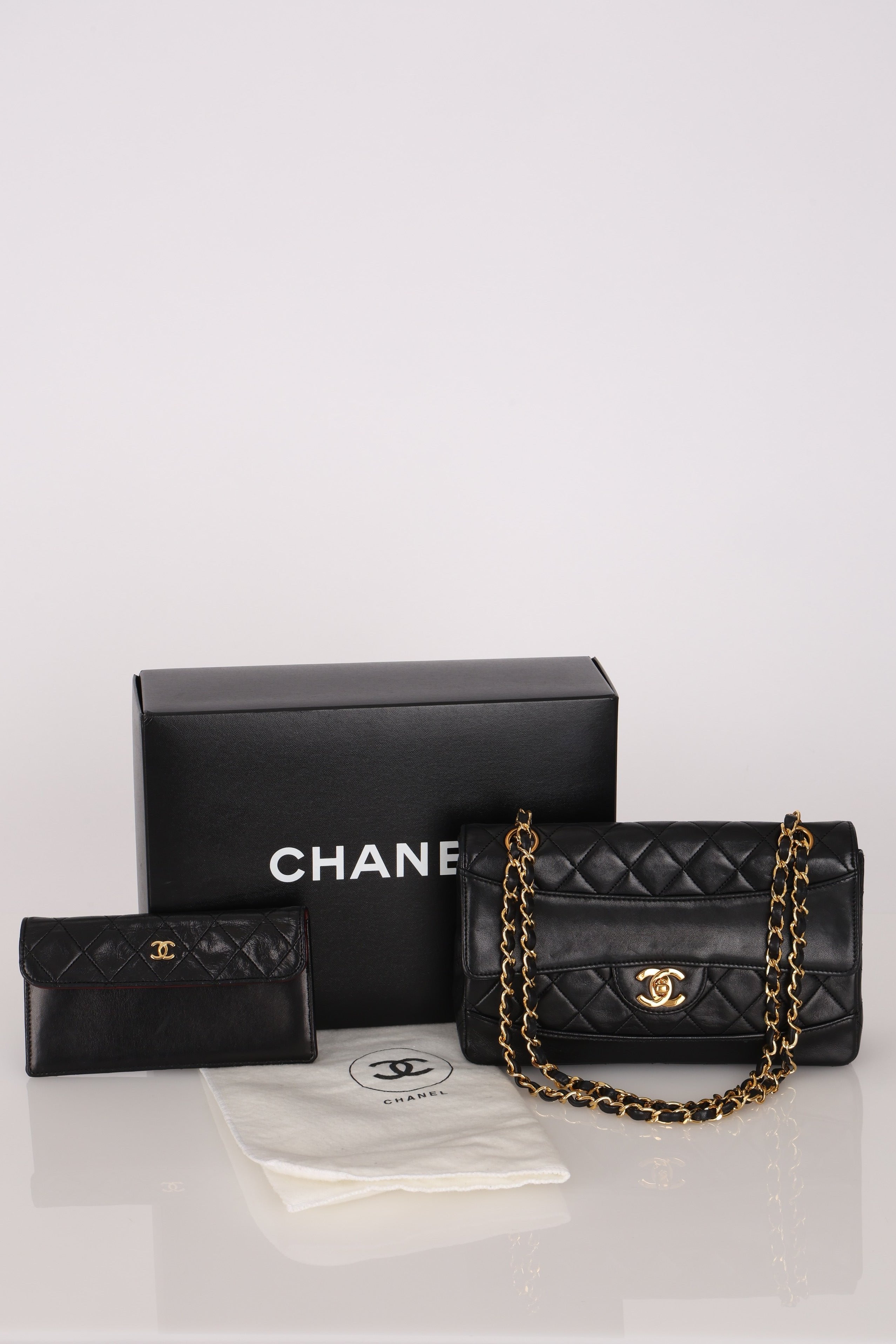 Chanel Small Single Flap w/ Pouch Black Lambskin 24K GP
