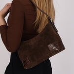 Loewe Chocolate Brown Suede and Croc Embossed Shoulder Bag