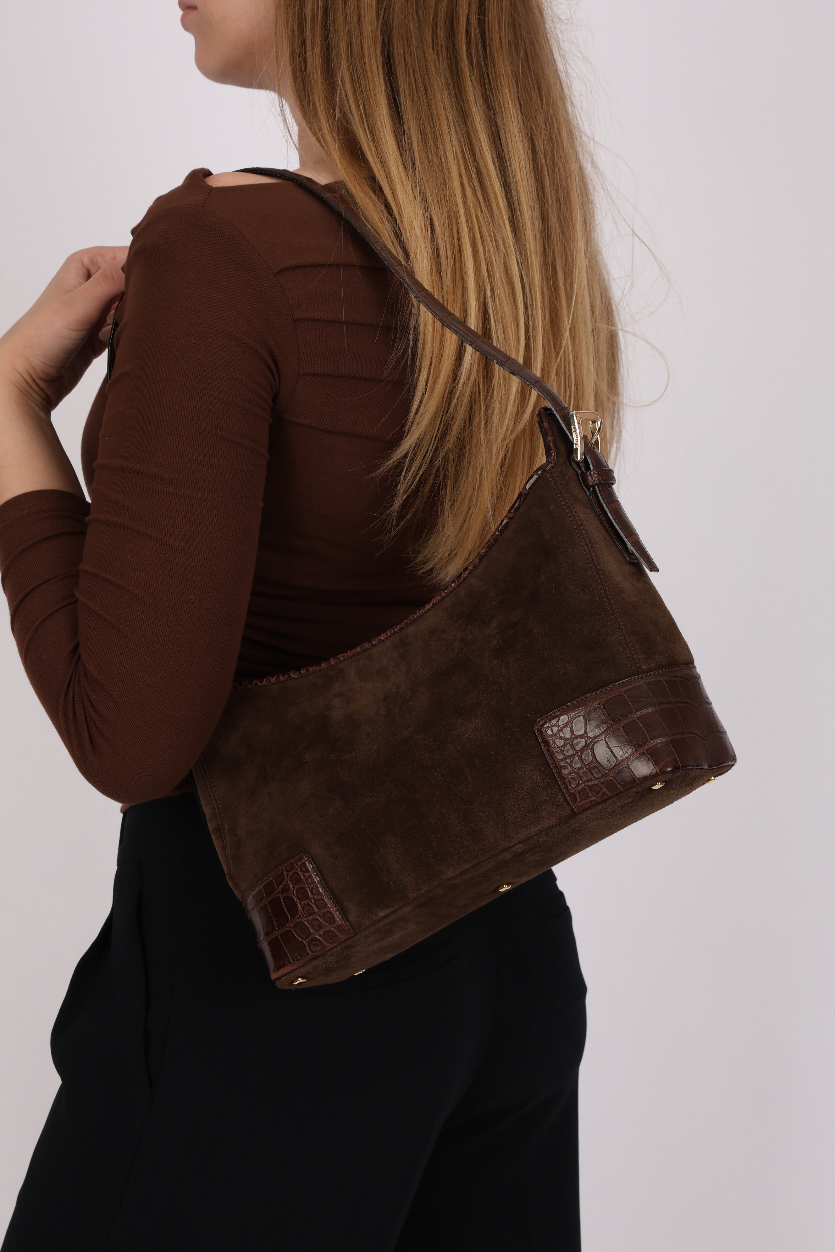 Loewe Chocolate Brown Suede and Croc Embossed Shoulder Bag