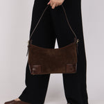 Loewe Chocolate Brown Suede and Croc Embossed Shoulder Bag