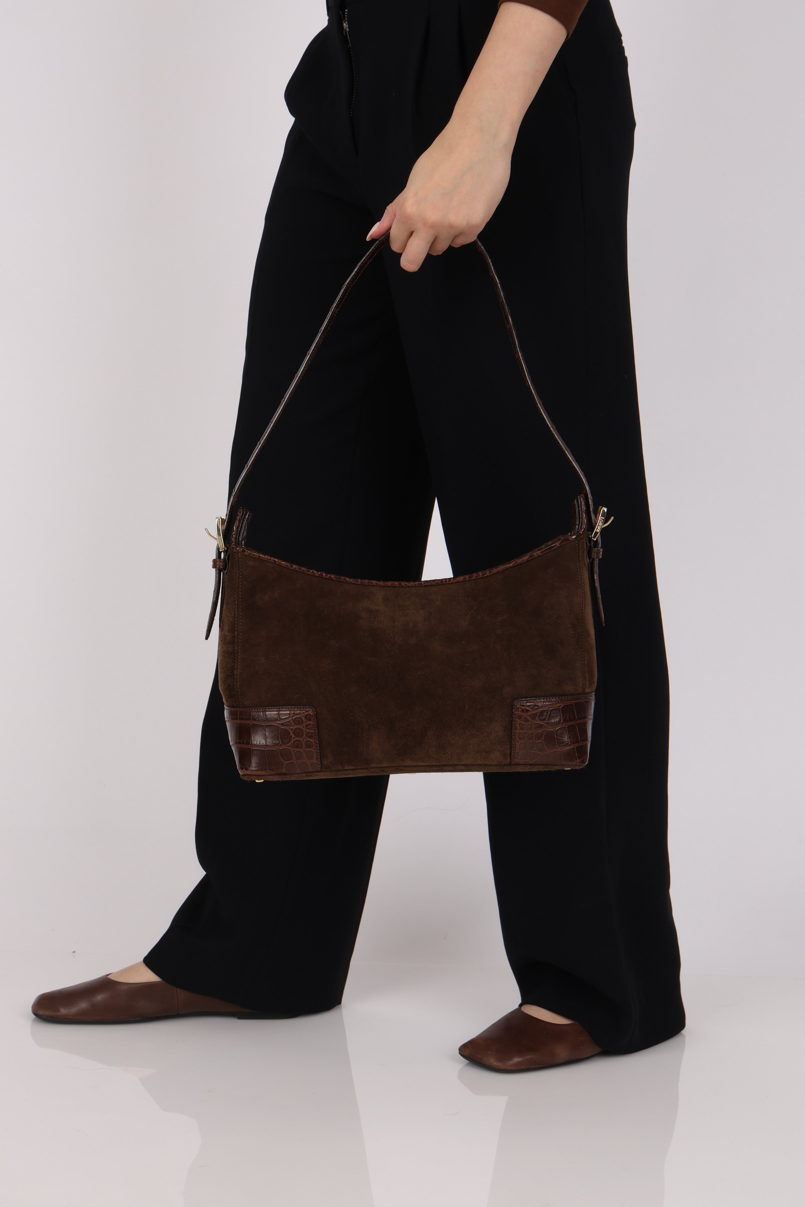 Loewe Chocolate Brown Suede and Croc Embossed Shoulder Bag