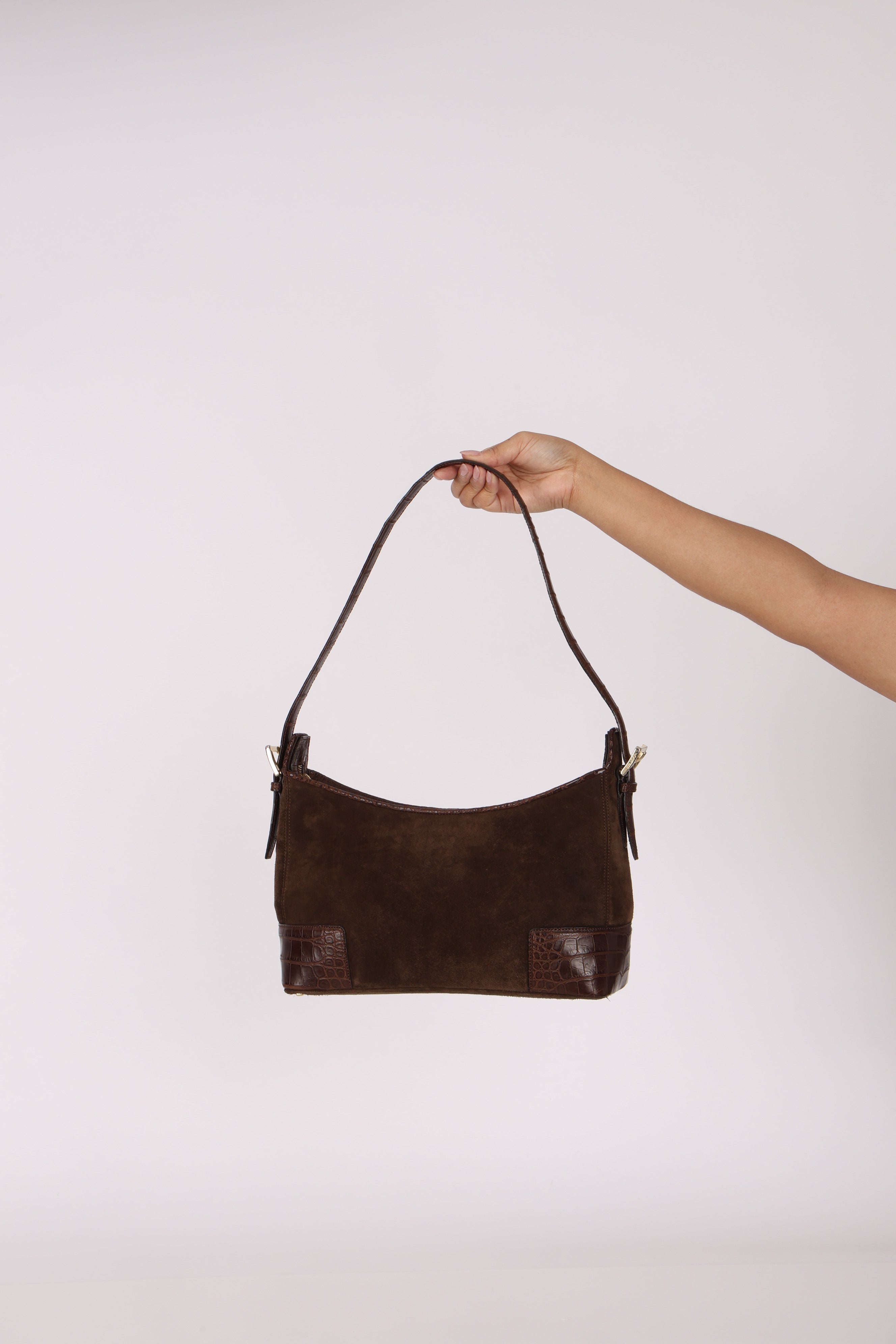 Loewe Chocolate Brown Suede and Croc Embossed Shoulder Bag
