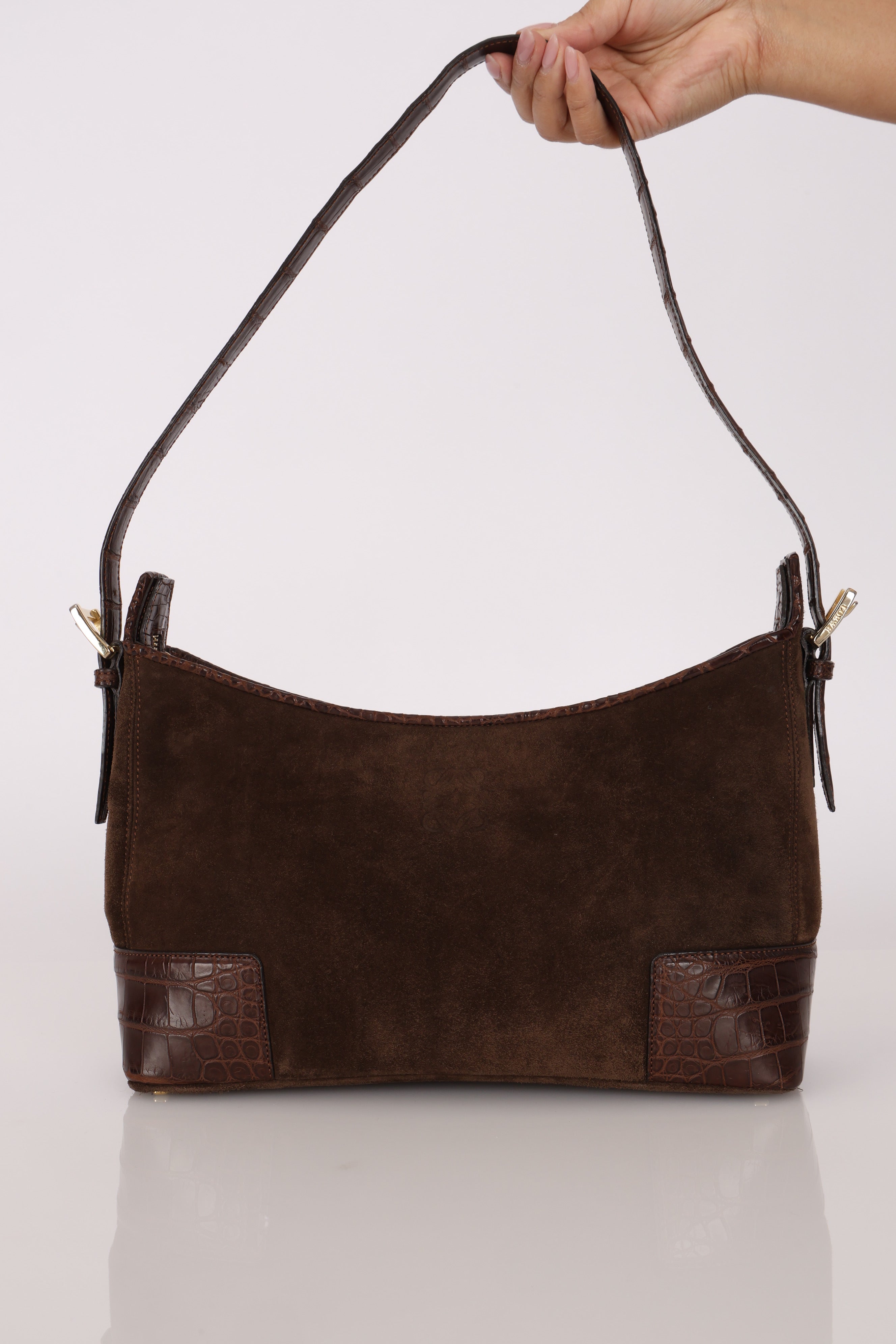 Loewe Chocolate Brown Suede and Croc Embossed Shoulder Bag