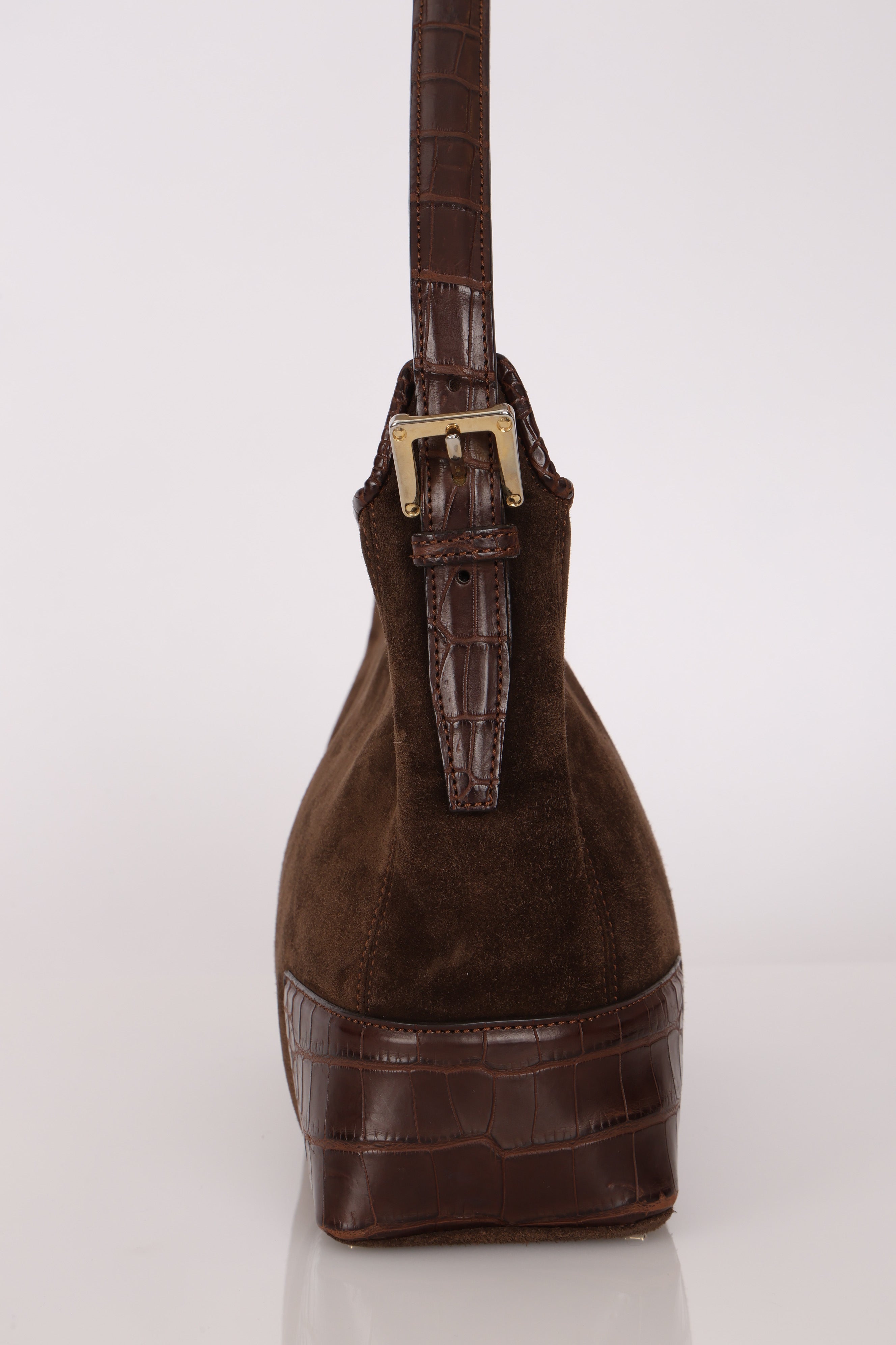 Loewe Chocolate Brown Suede and Croc Embossed Shoulder Bag