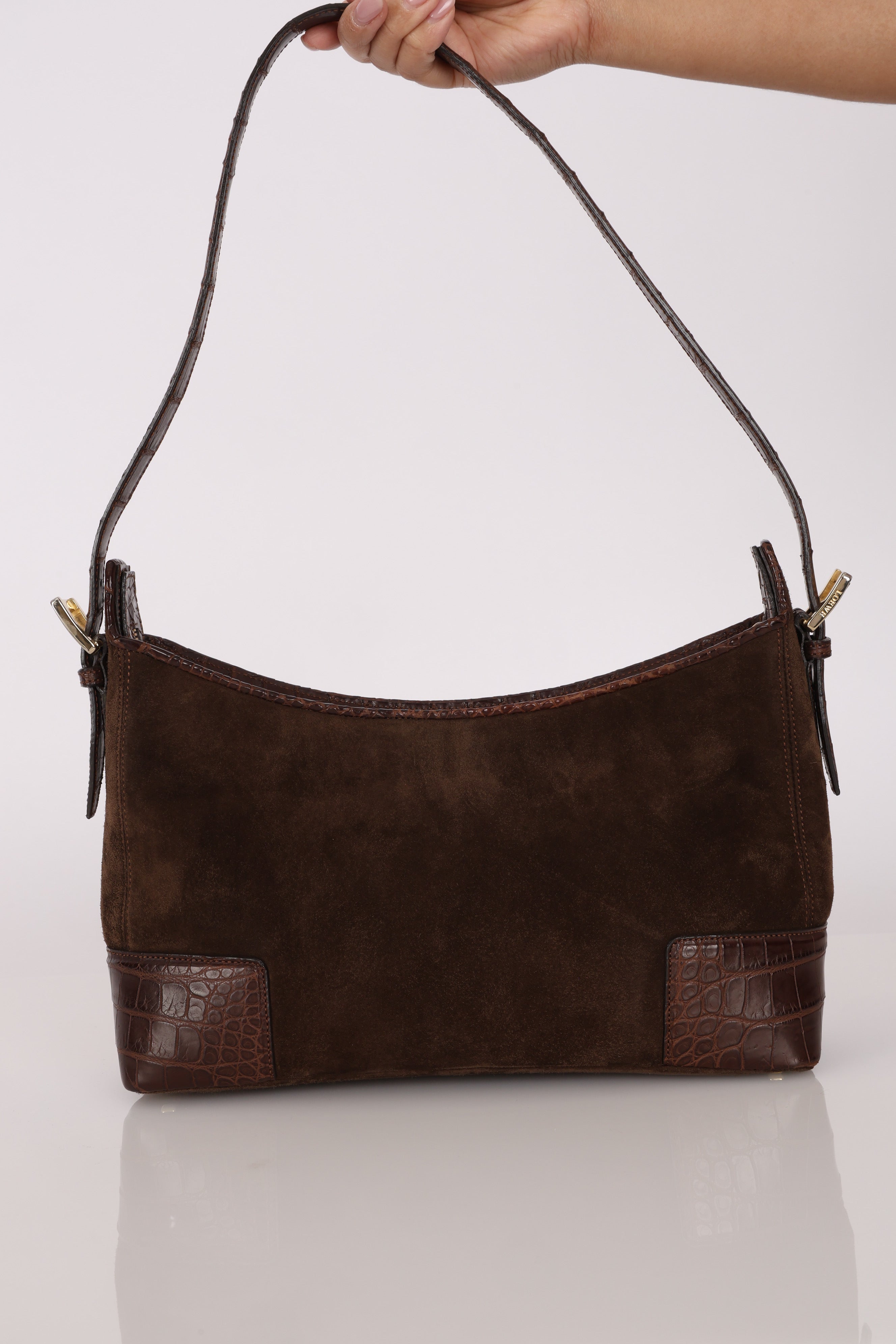 Loewe Chocolate Brown Suede and Croc Embossed Shoulder Bag