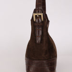 Loewe Chocolate Brown Suede and Croc Embossed Shoulder Bag