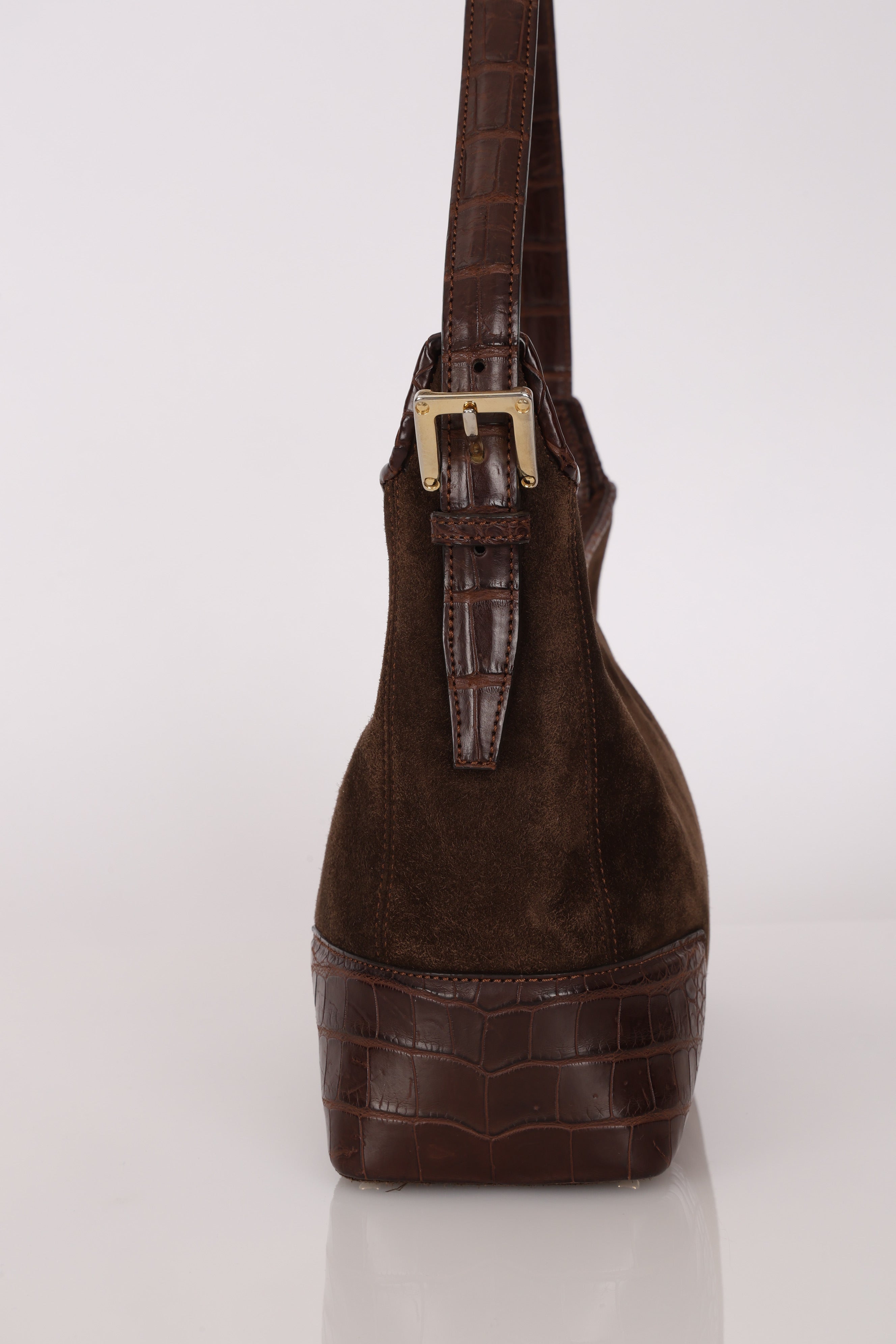 Loewe Chocolate Brown Suede and Croc Embossed Shoulder Bag