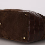 Loewe Chocolate Brown Suede and Croc Embossed Shoulder Bag