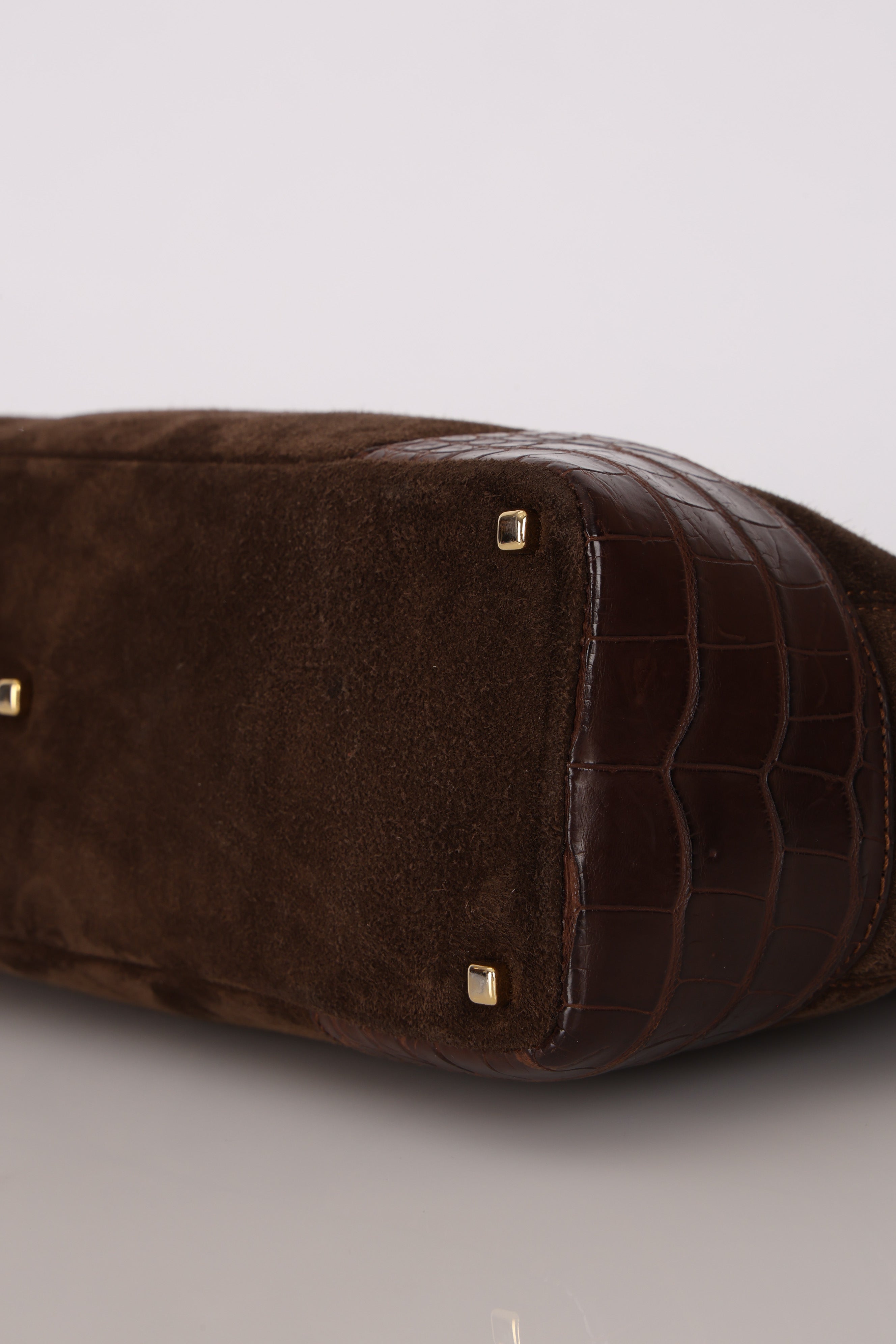 Loewe Chocolate Brown Suede and Croc Embossed Shoulder Bag
