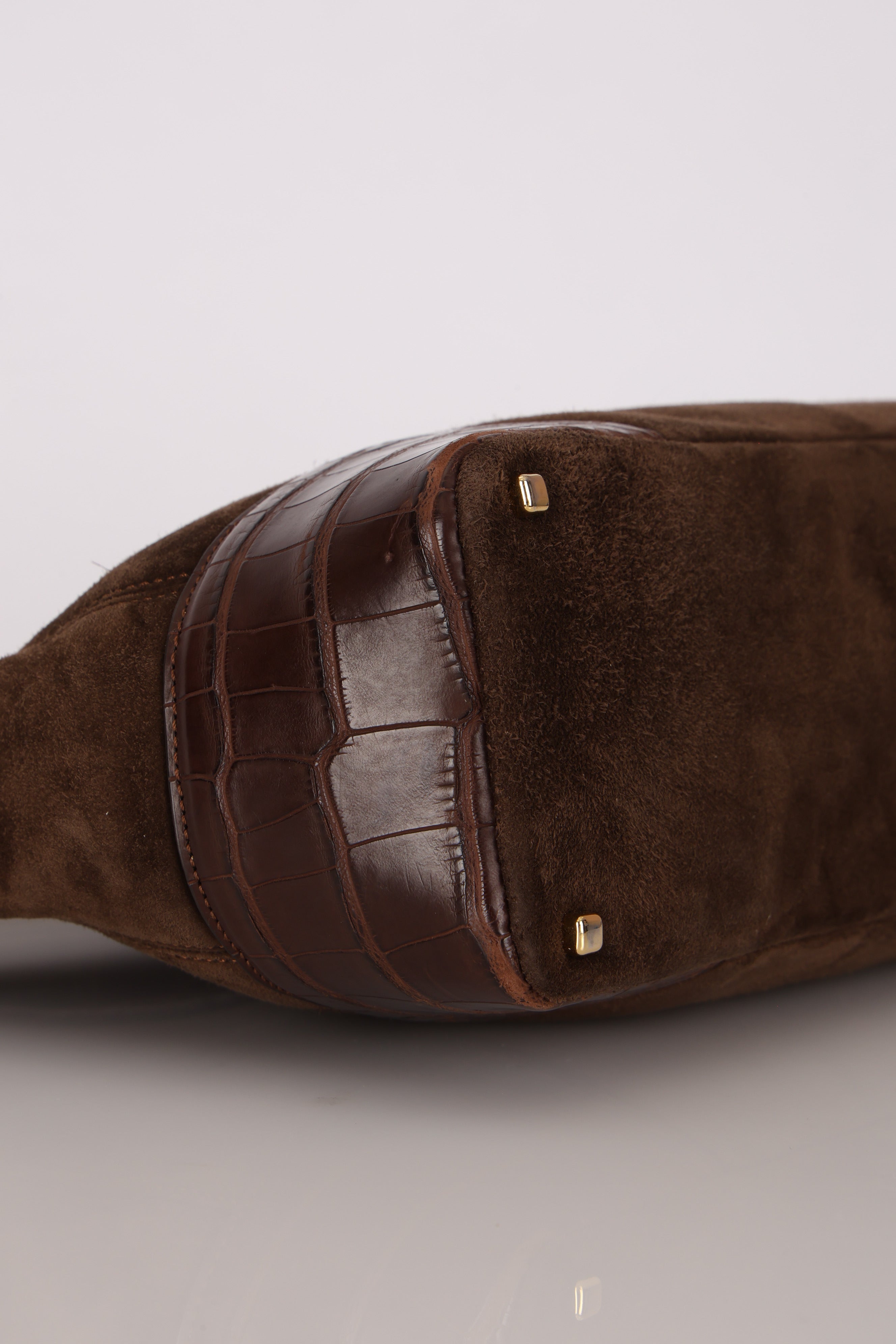 Loewe Chocolate Brown Suede and Croc Embossed Shoulder Bag