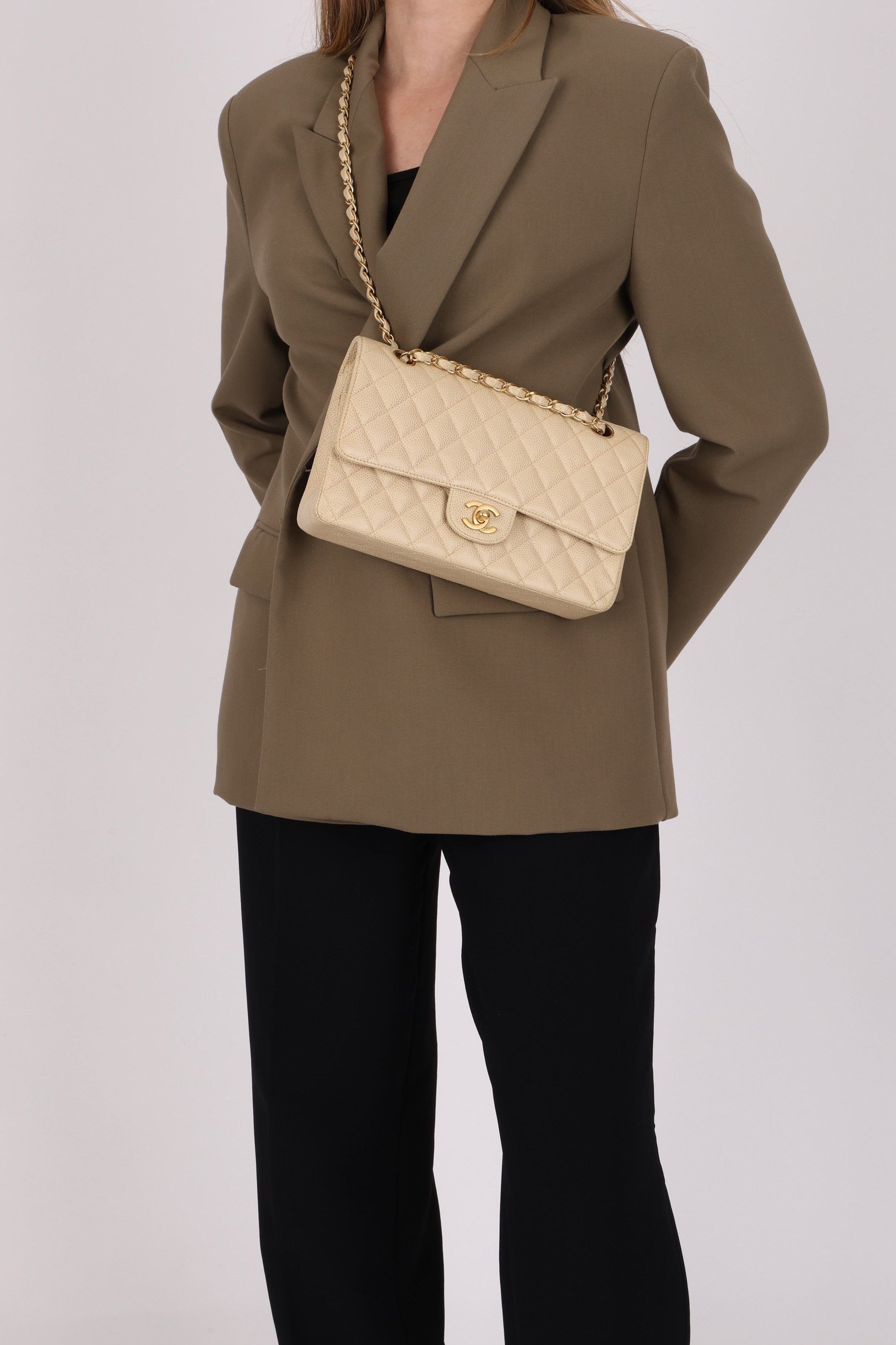 Chanel Medium Classic Double Flap Ivory Caviar BGHW