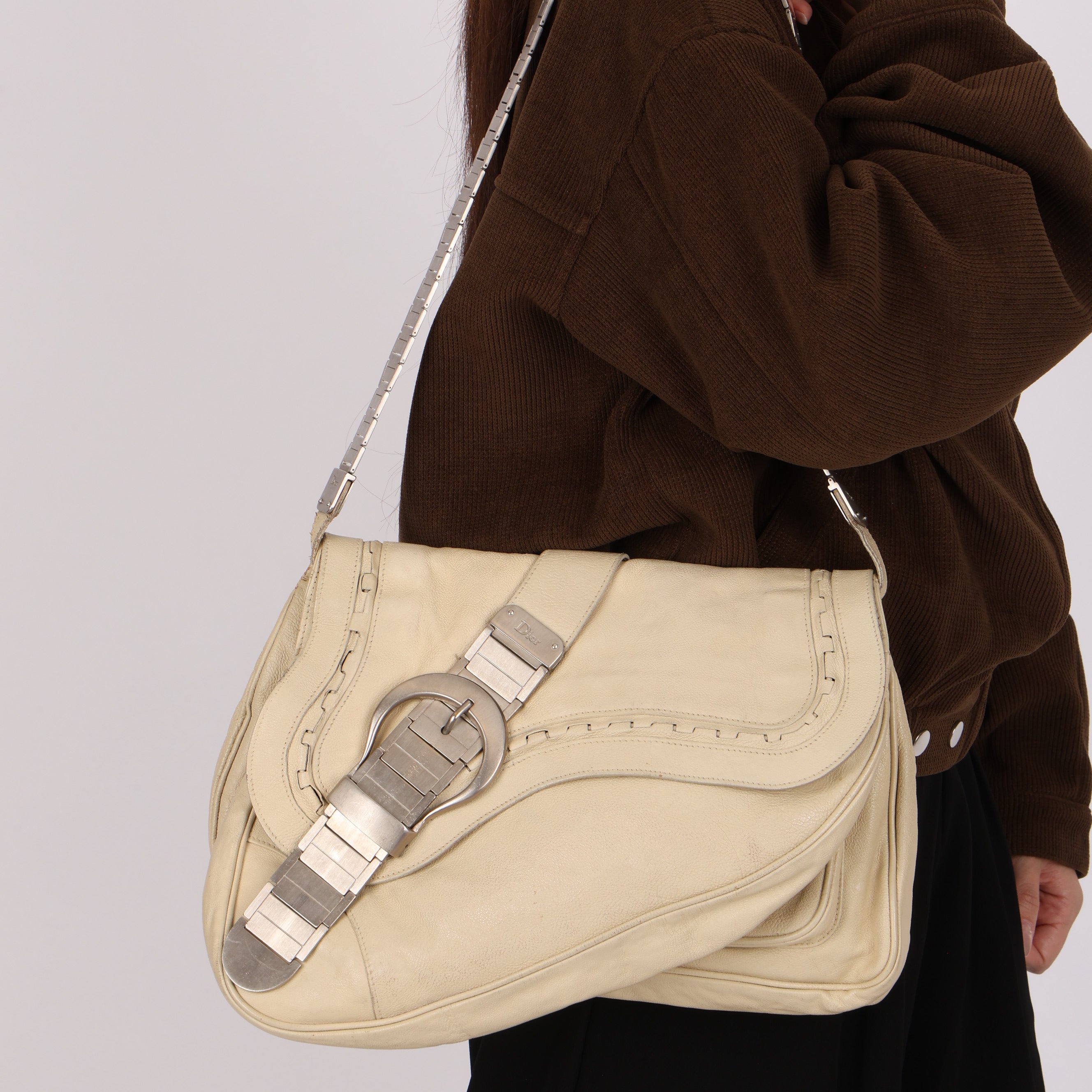 Rare Christian Dior Metal Gaucho Saddle Bag Creme Calfskin 2006
