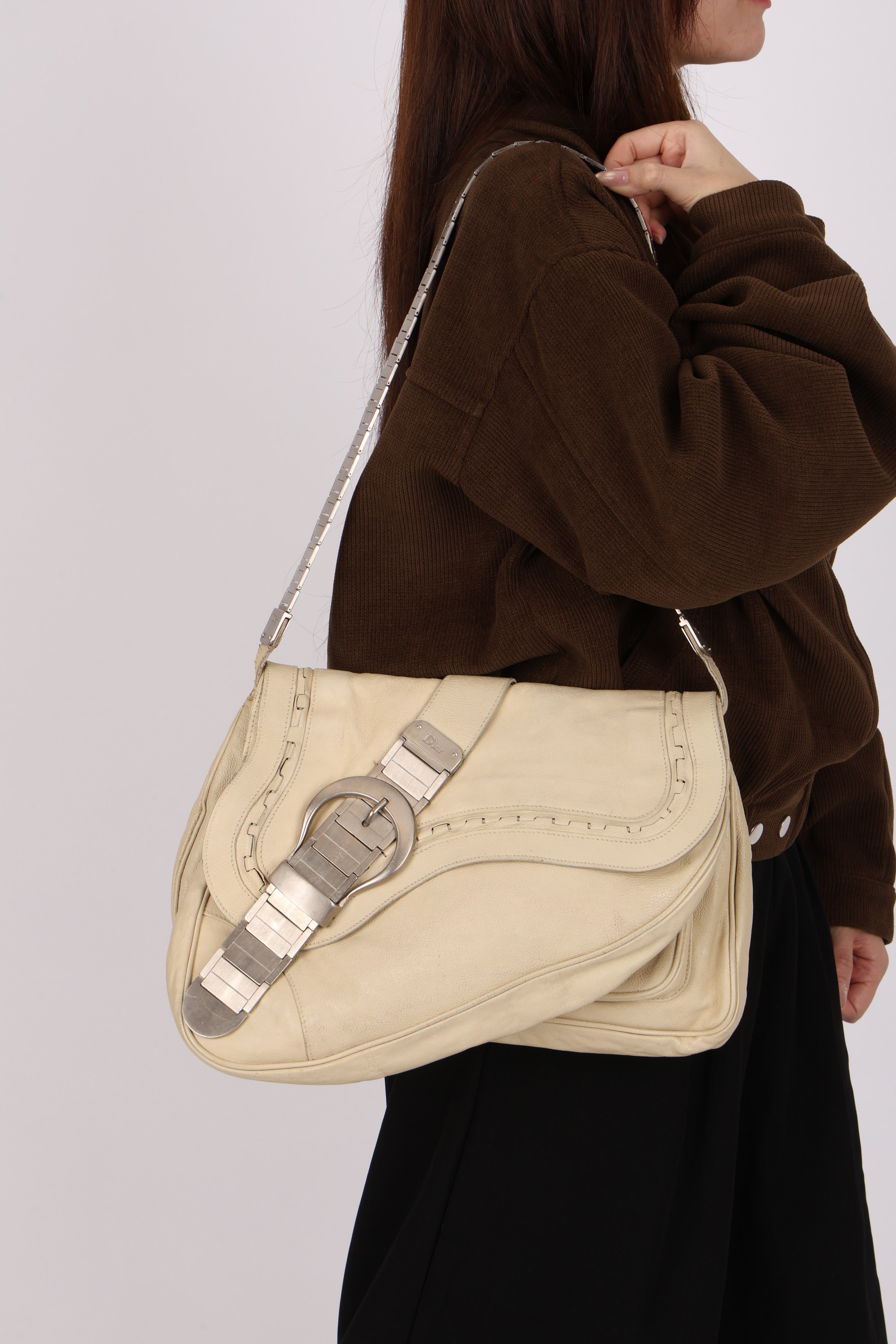 Rare Christian Dior Metal Gaucho Saddle Bag Creme Calfskin 2006