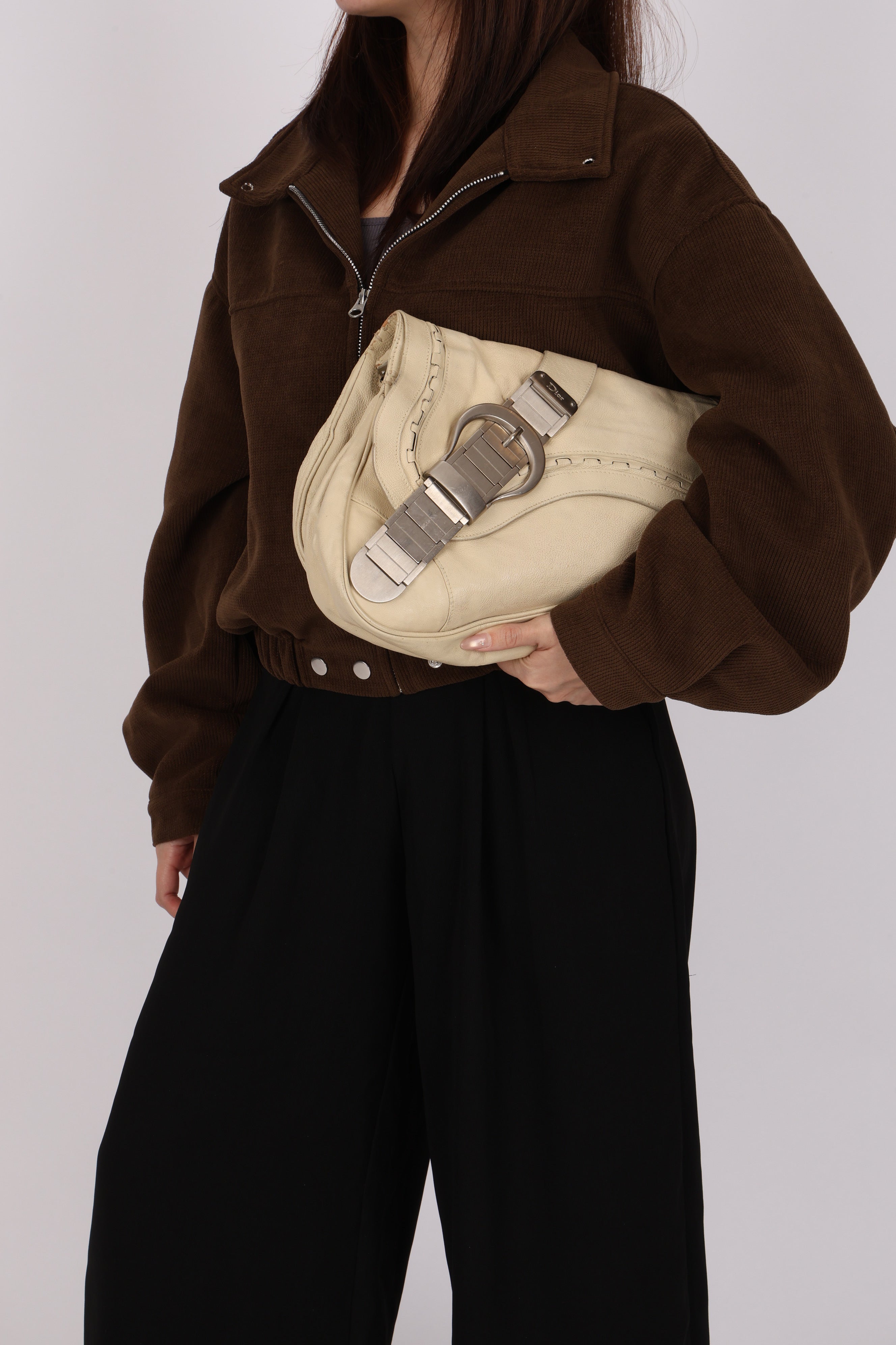 Rare Christian Dior Metal Gaucho Saddle Bag Creme Calfskin 2006