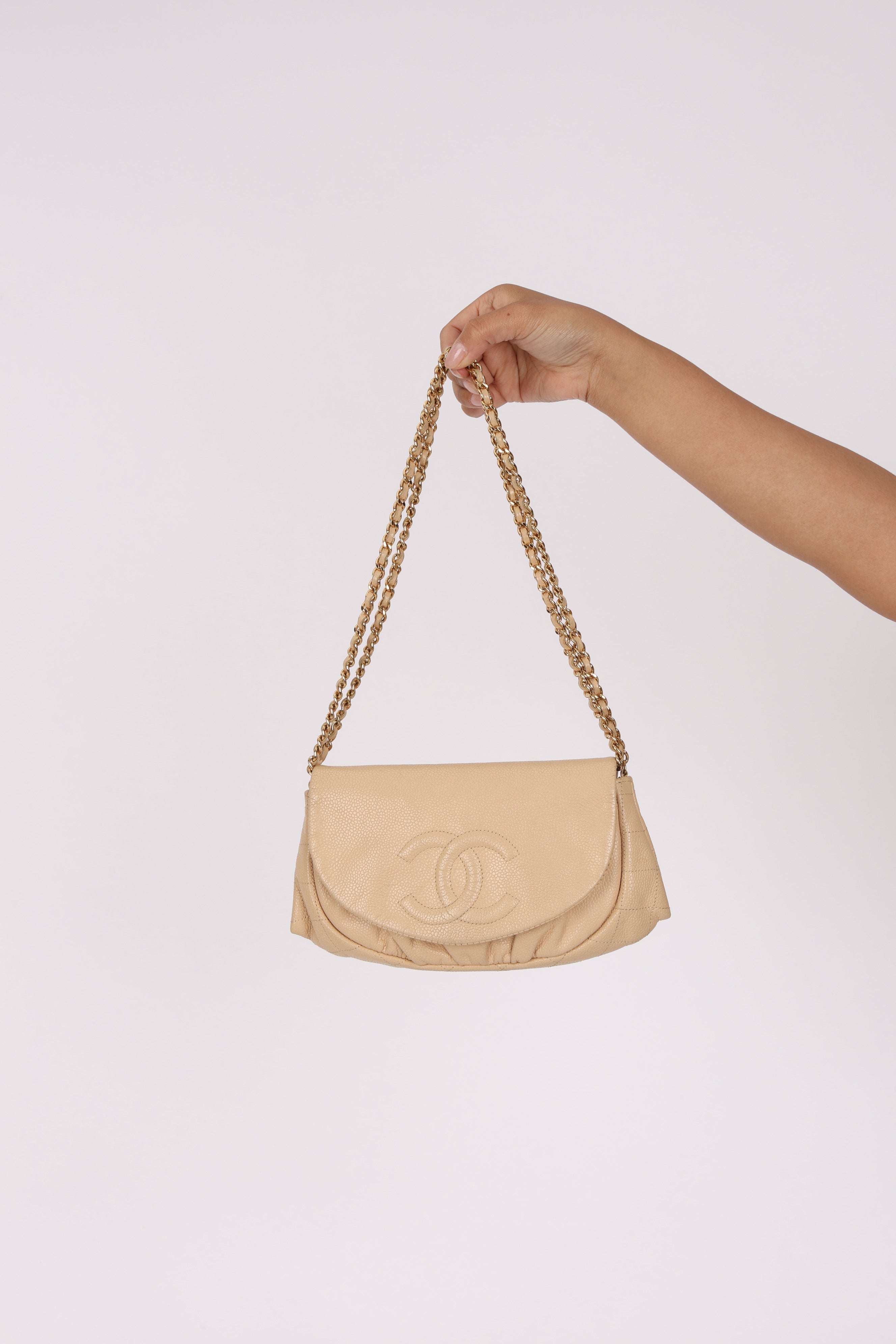 Chanel Half Moon Wallet on Chain Beige Caviar GHW