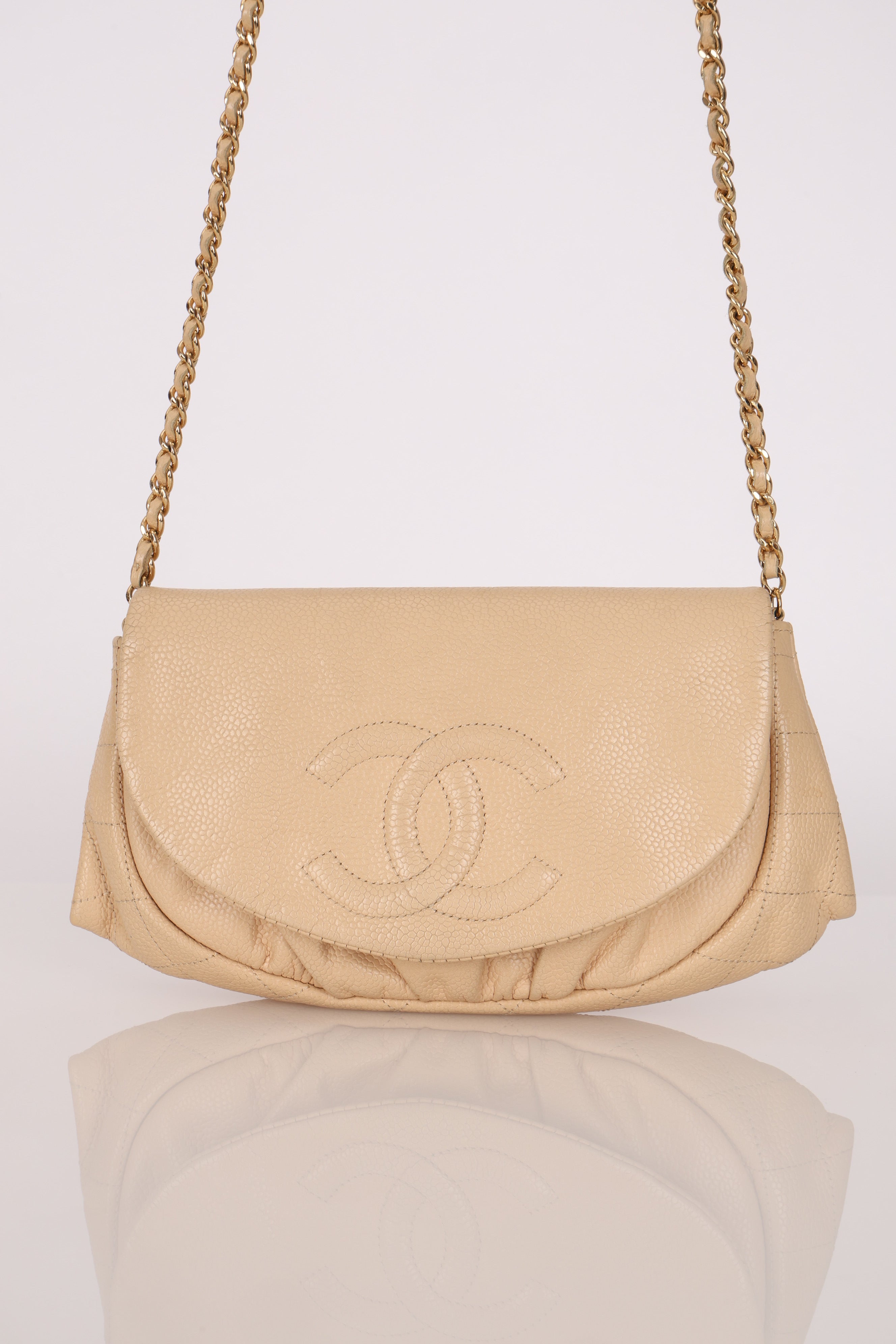 Chanel Half Moon Wallet on Chain Beige Caviar GHW
