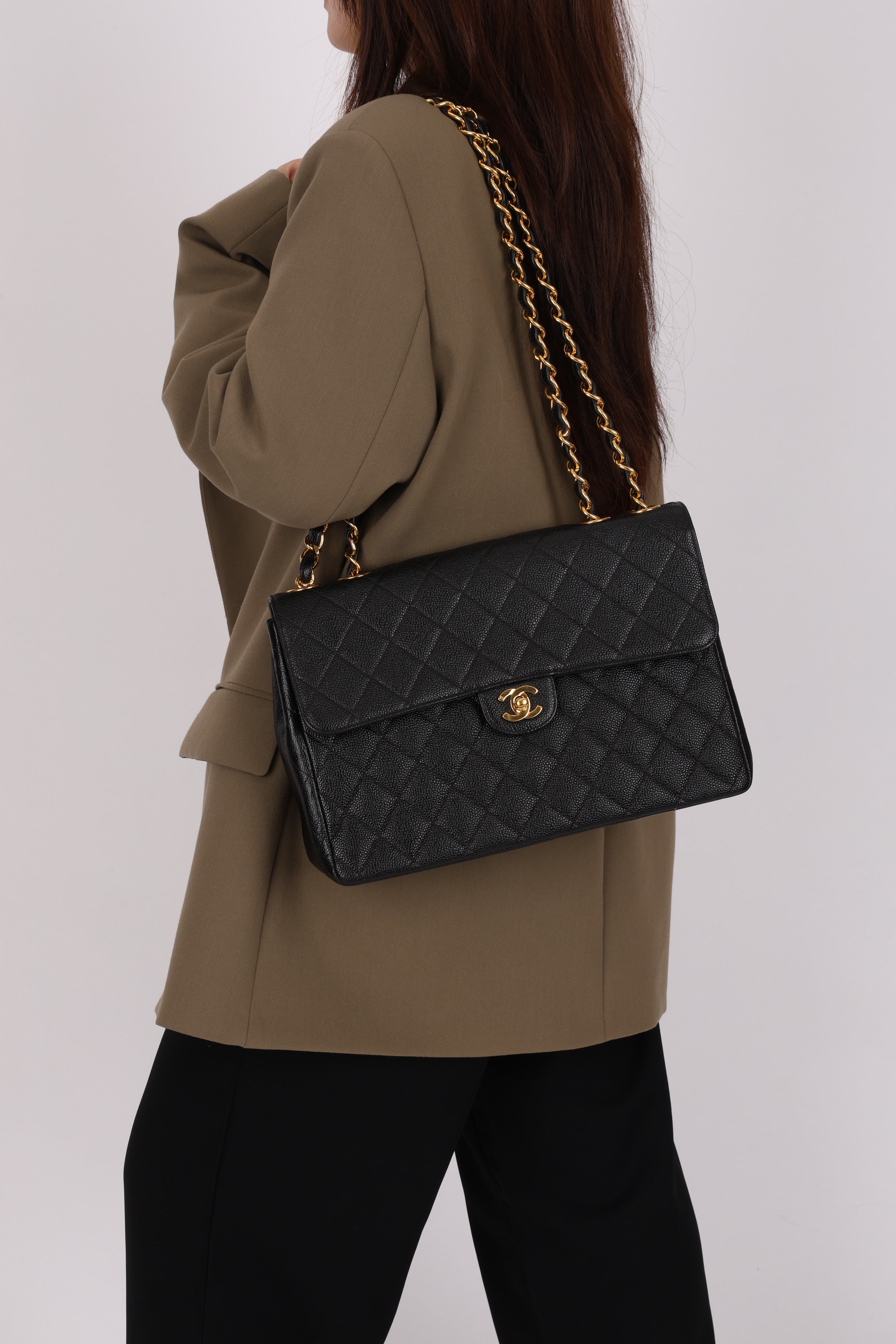 Chanel Jumbo Classic Single Flap Black Caviar 24K GP