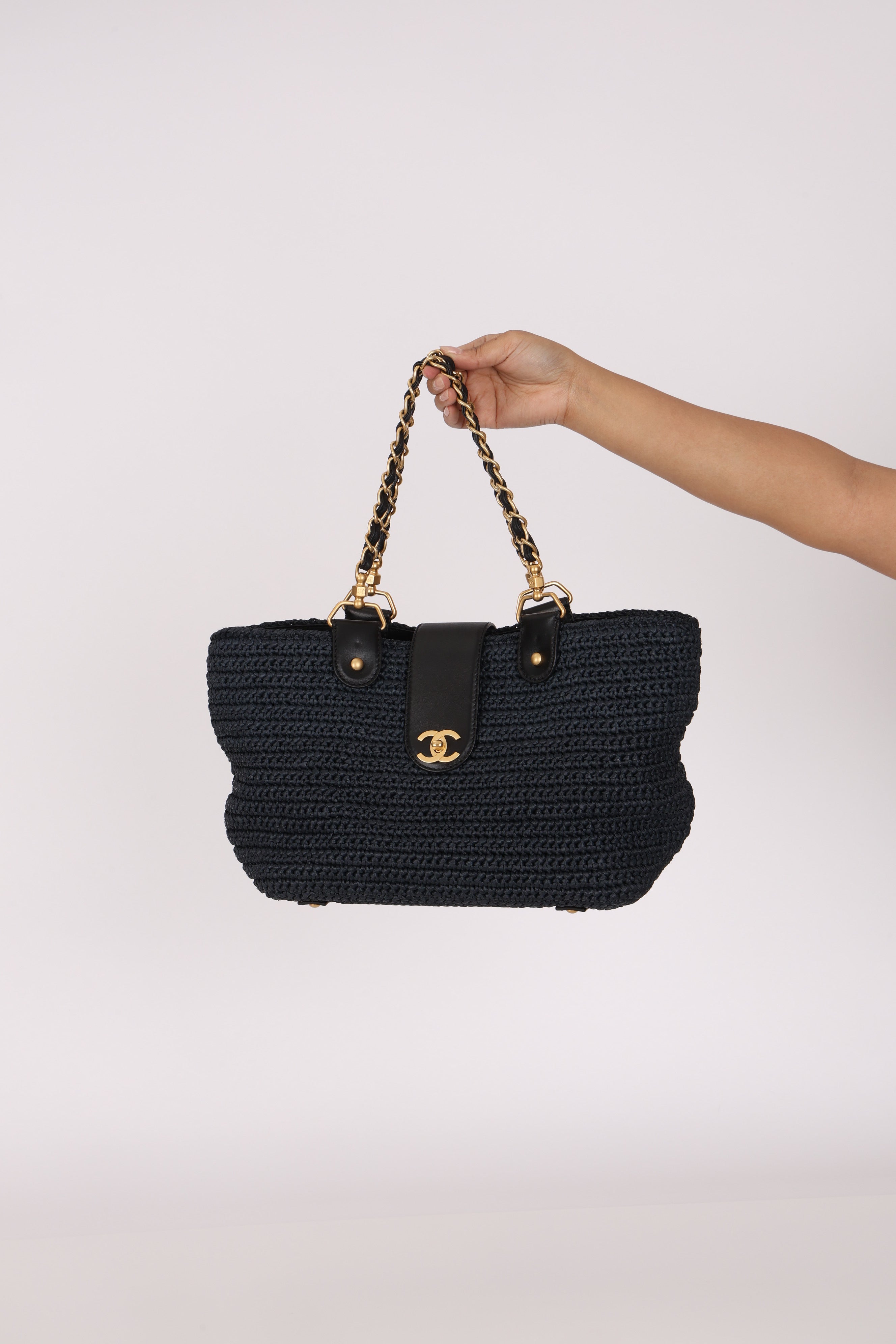Chanel Woven Raffia Tote Navy and Black AGHW