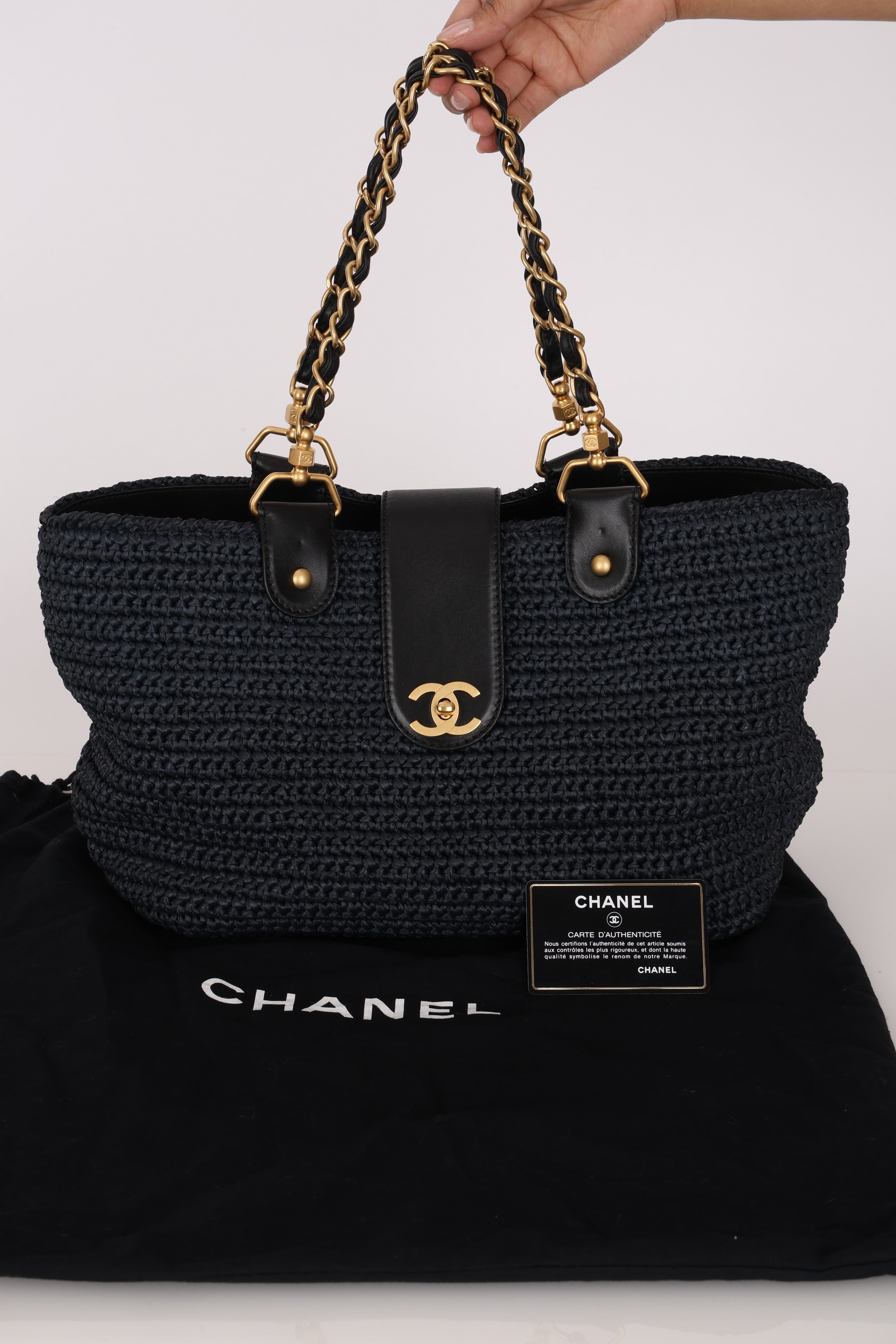 Chanel Woven Raffia Tote Navy and Black AGHW