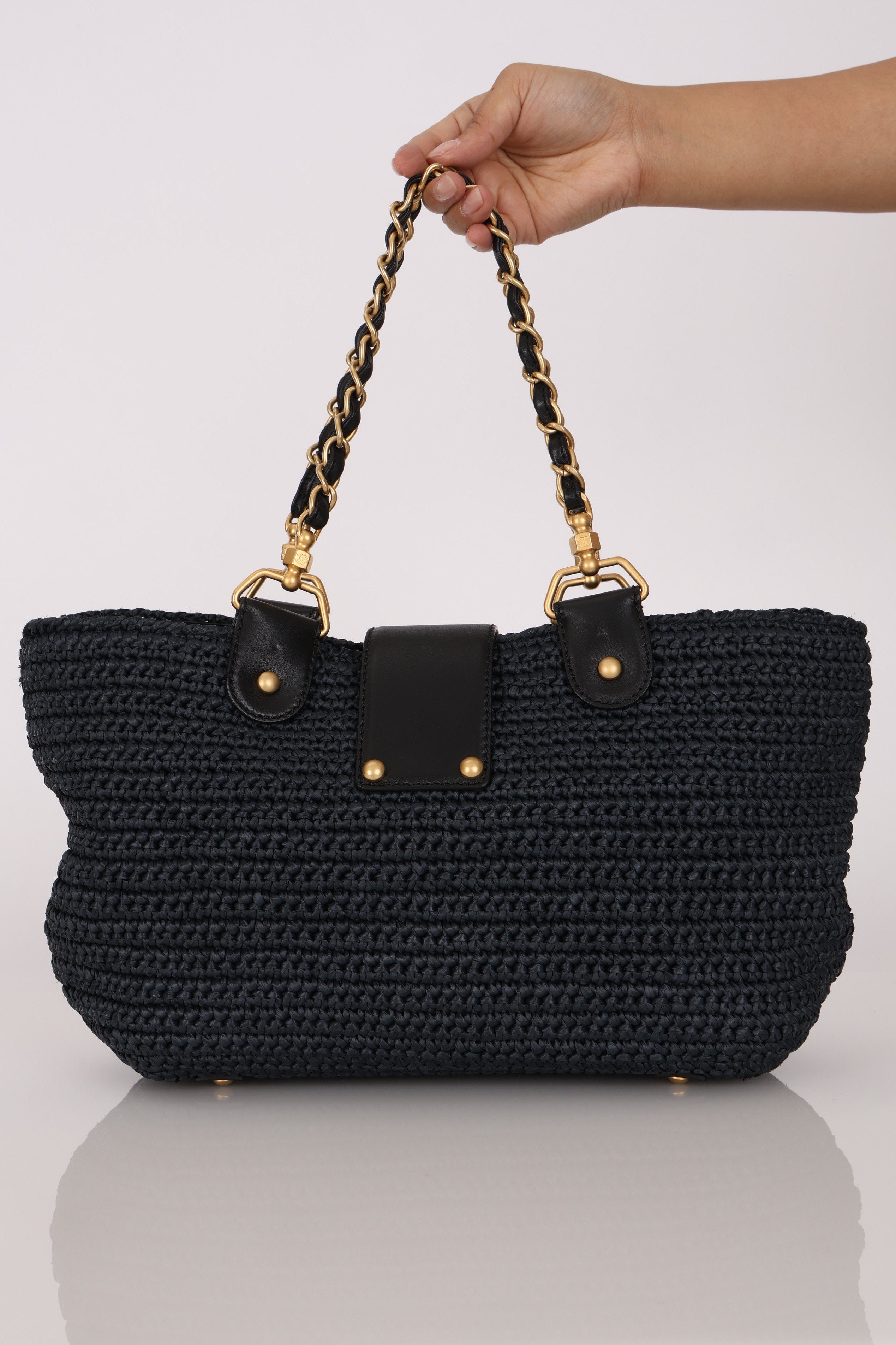 Chanel Woven Raffia Tote Navy and Black AGHW