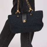 Chanel Woven Raffia Tote Navy and Black AGHW