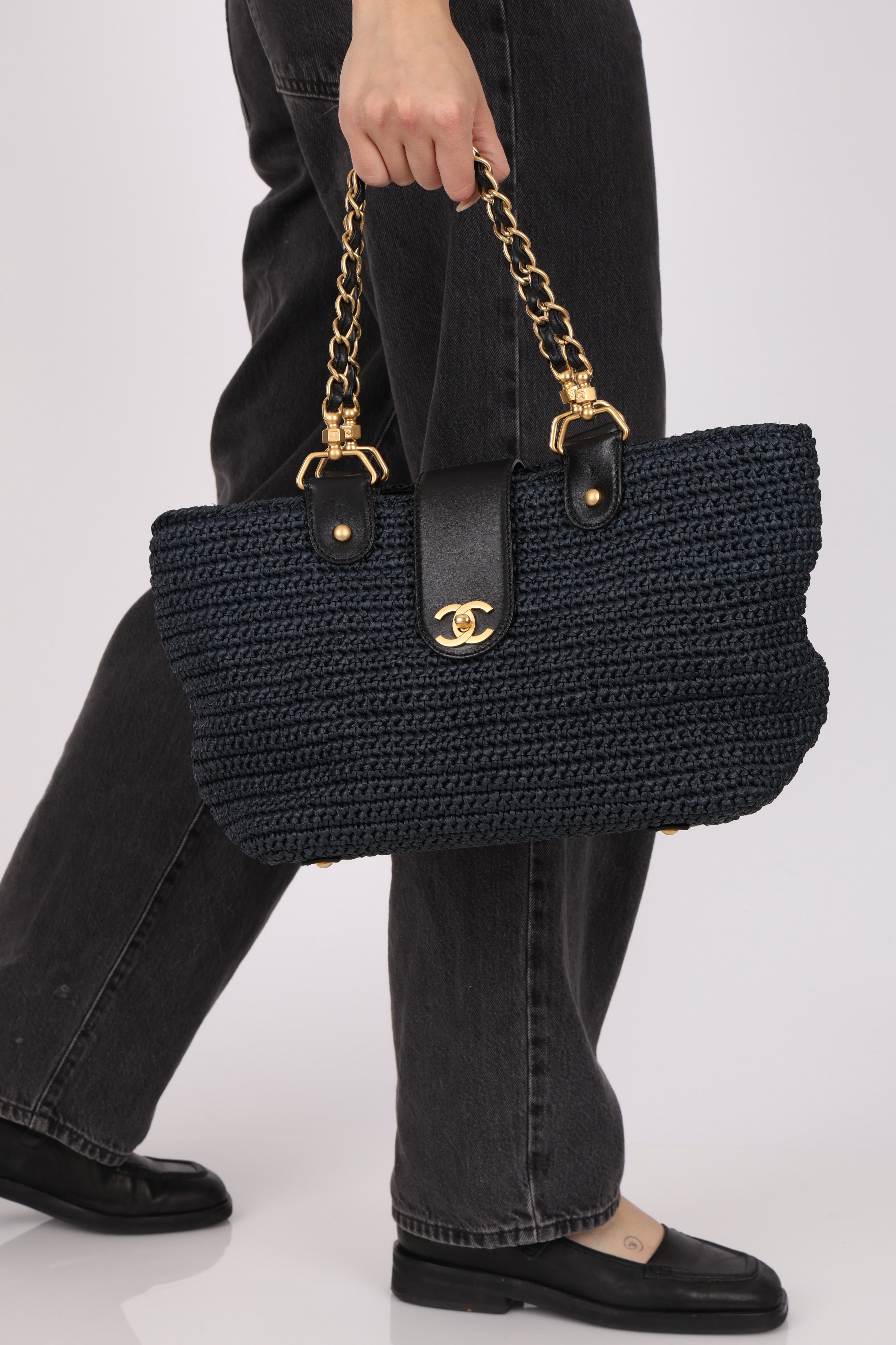 Chanel Woven Raffia Tote Navy and Black AGHW