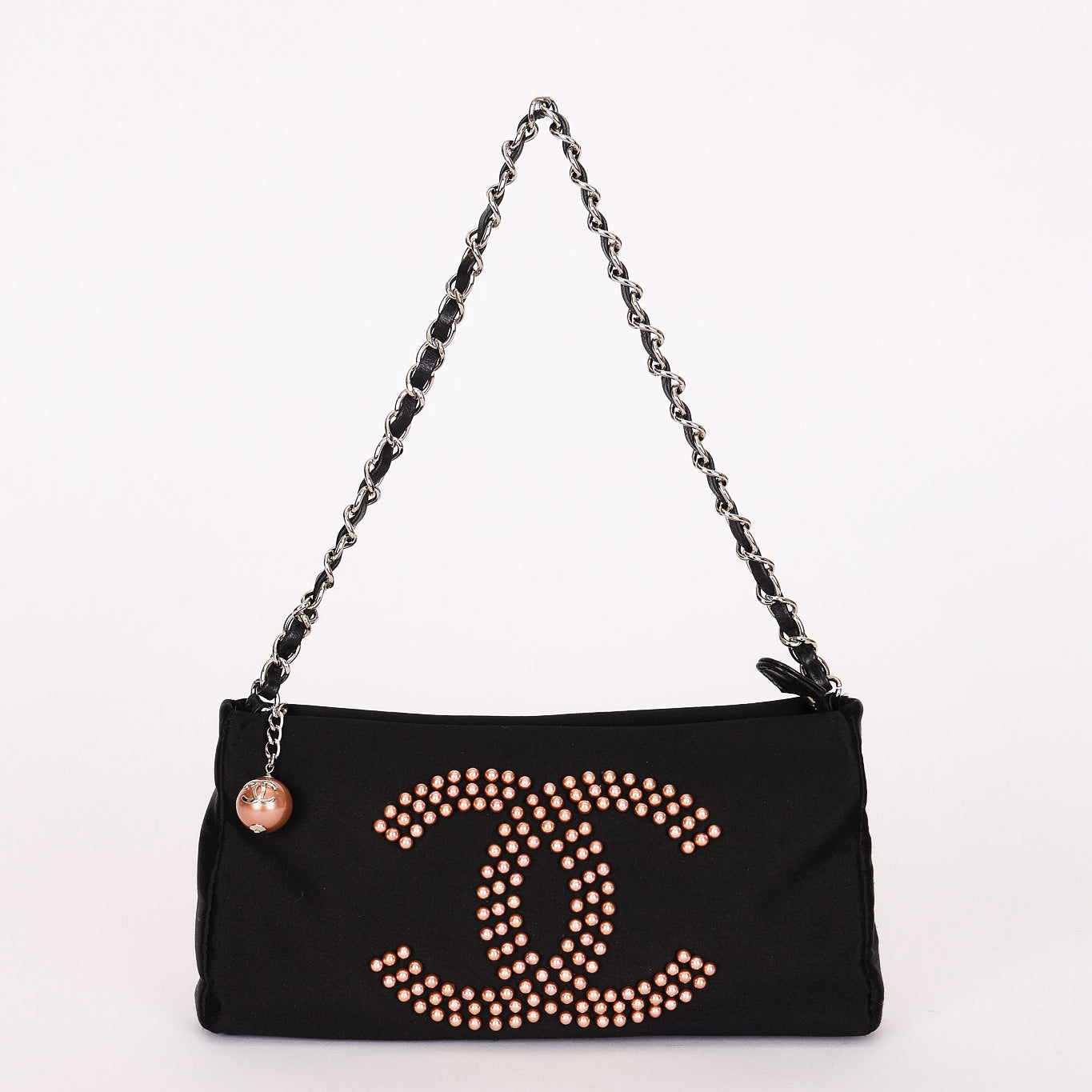 Chanel CC Pearl Logo Shoulder Bag Black Satin 2004 SHW