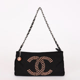 Chanel CC Pearl Logo Shoulder Bag Black Satin 2004 SHW