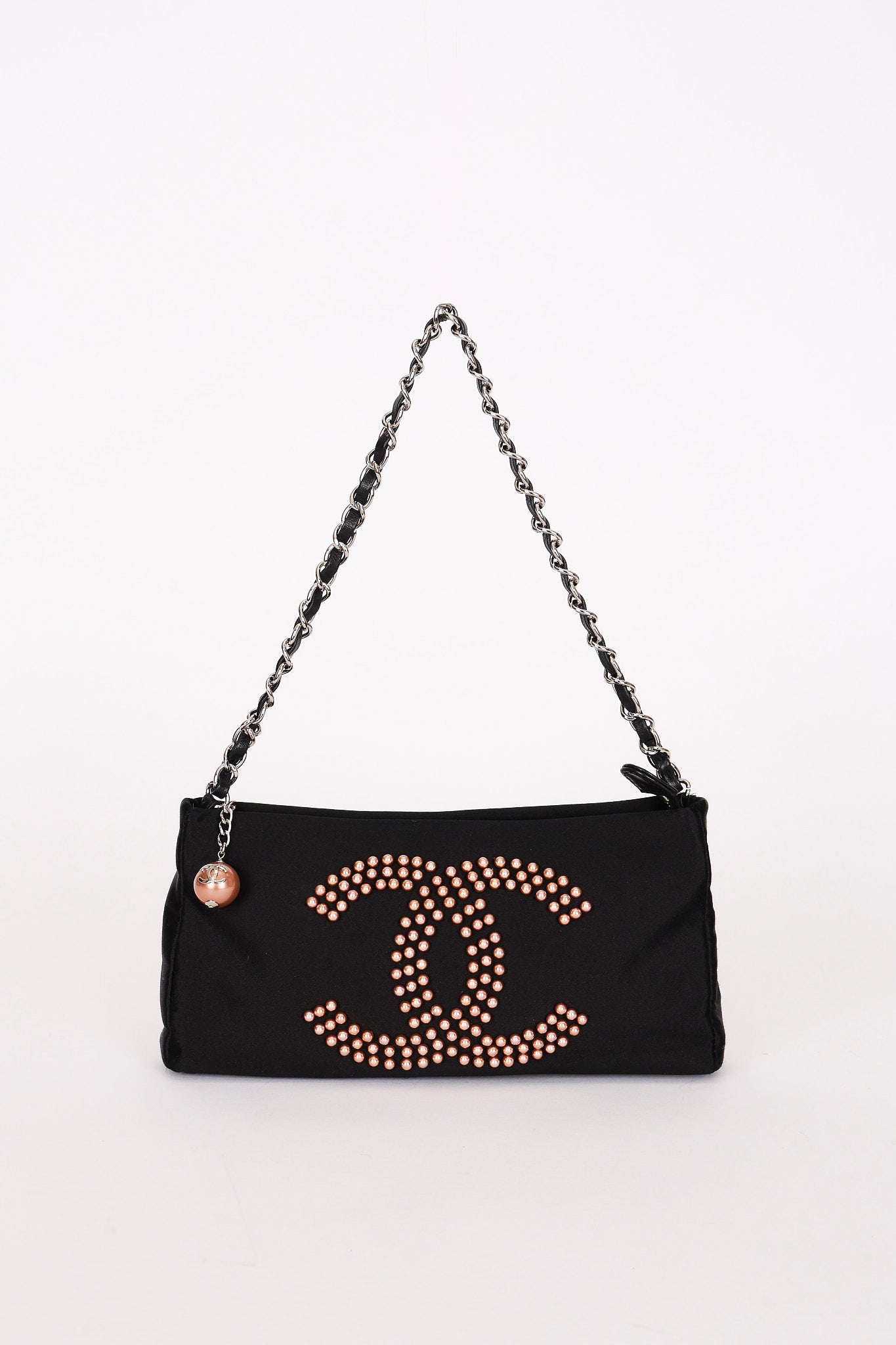 Chanel CC Pearl Logo Shoulder Bag Black Satin 2004 SHW