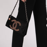 Chanel CC Pearl Logo Shoulder Bag Black Satin SHW