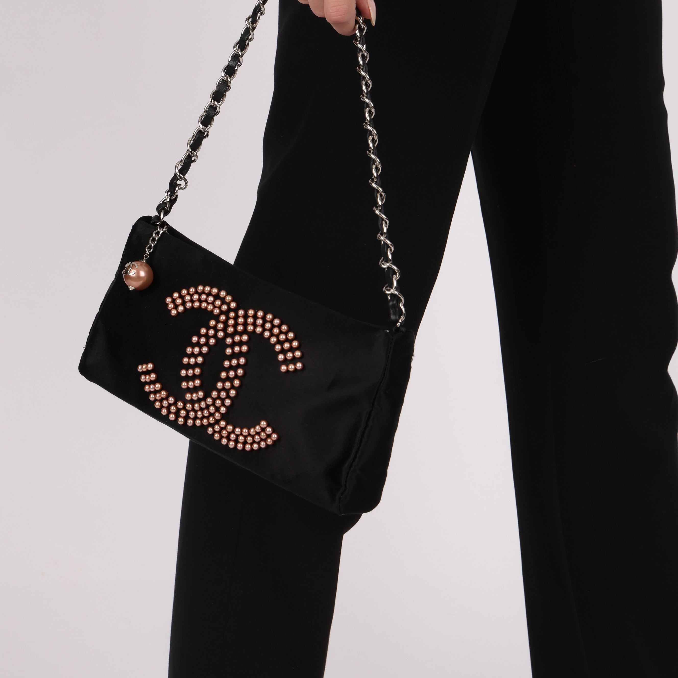 Chanel CC Pearl Logo Shoulder Bag Black Satin SHW