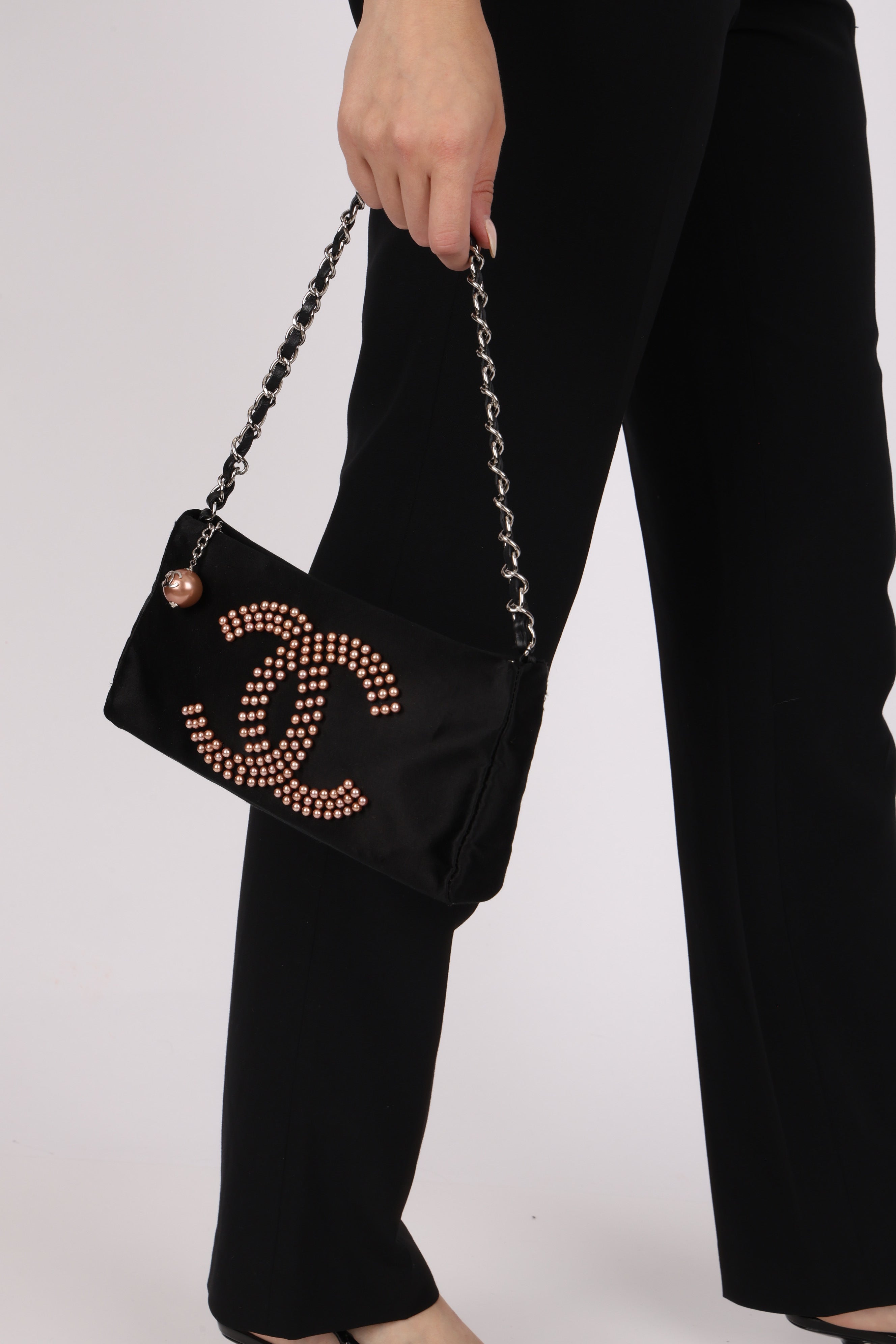 Chanel CC Pearl Logo Shoulder Bag Black Satin SHW
