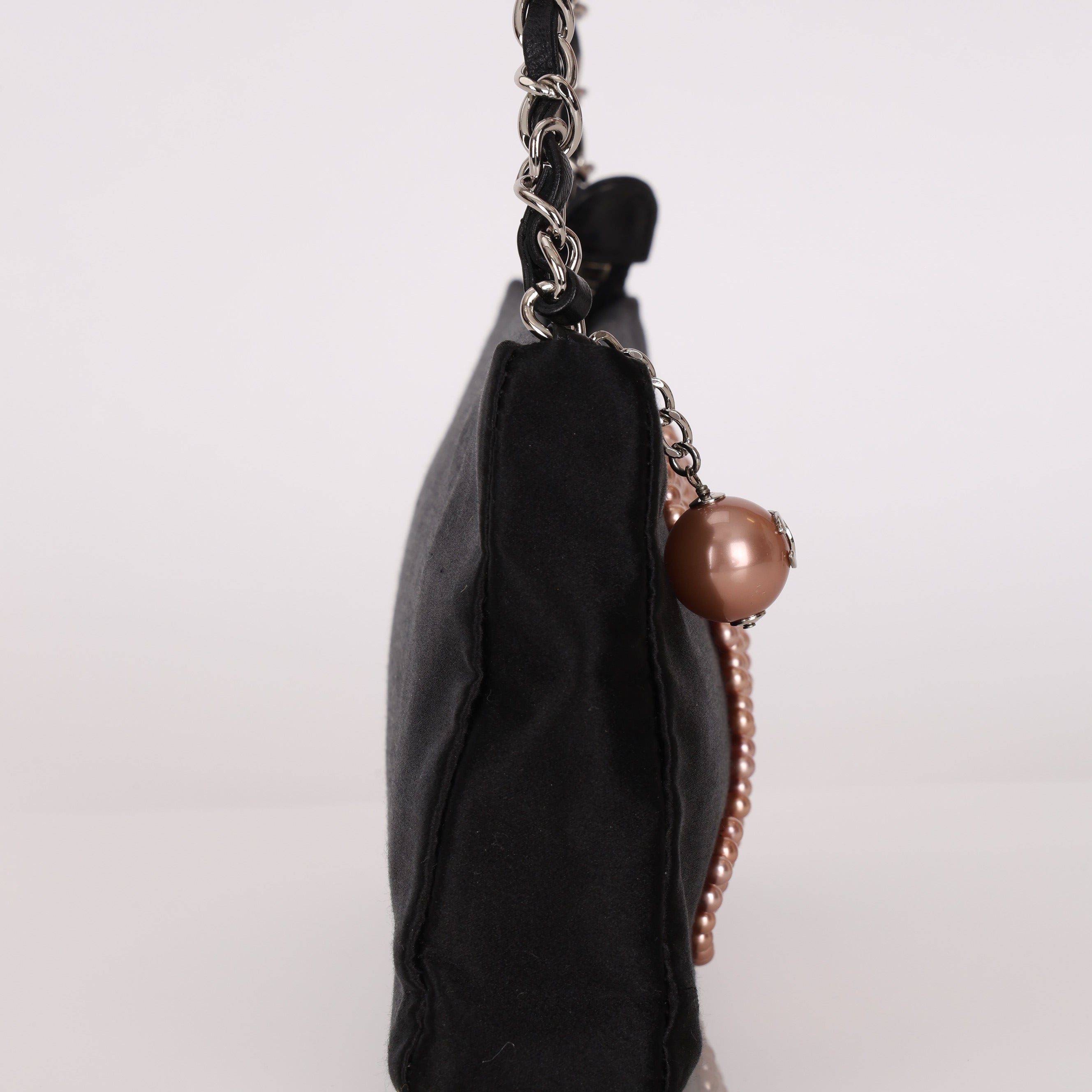 Chanel CC Pearl Logo Shoulder Bag Black Satin SHW