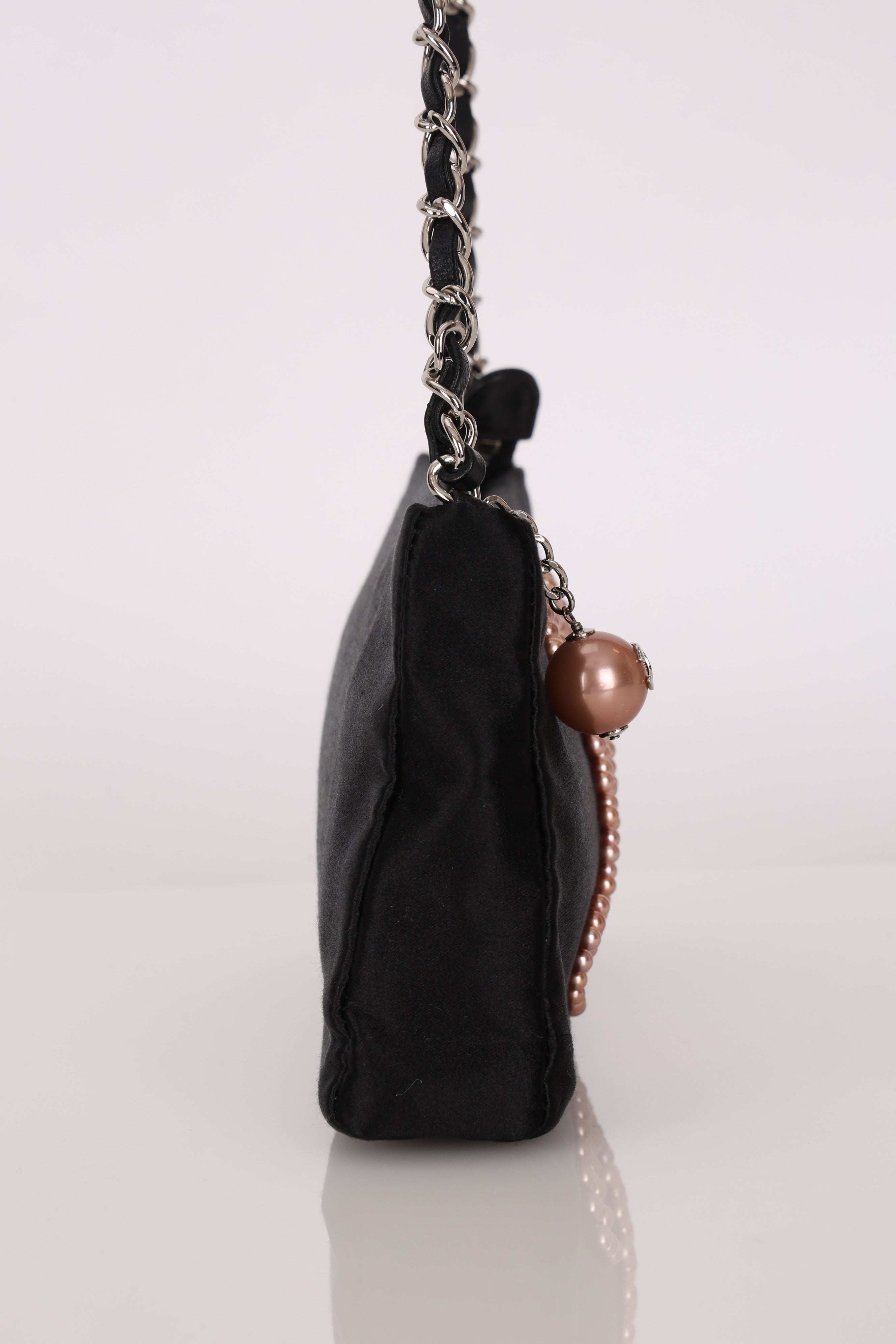 Chanel CC Pearl Logo Shoulder Bag Black Satin SHW