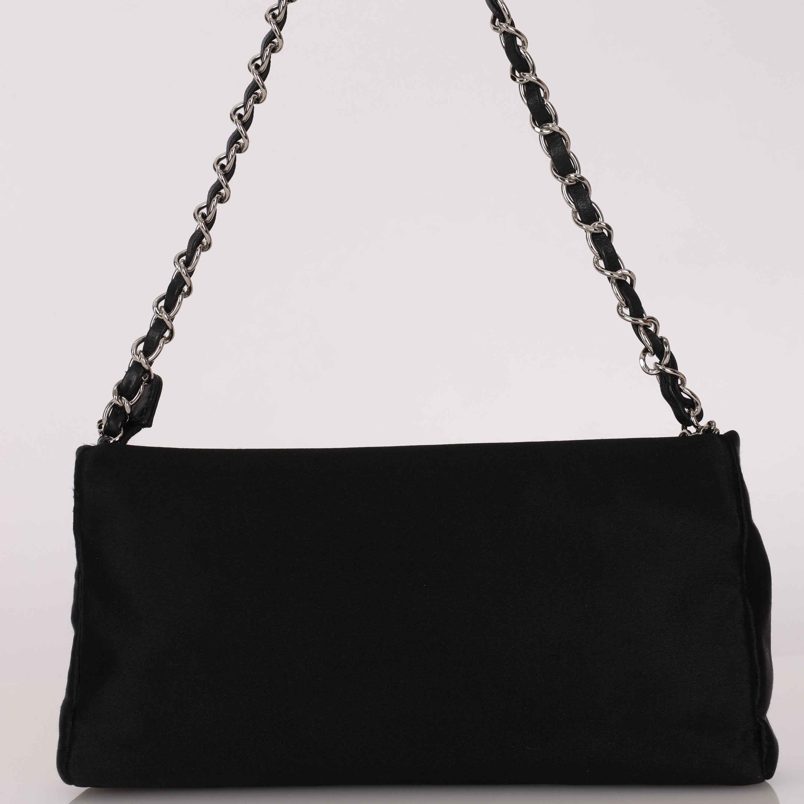 Chanel CC Pearl Logo Shoulder Bag Black Satin SHW
