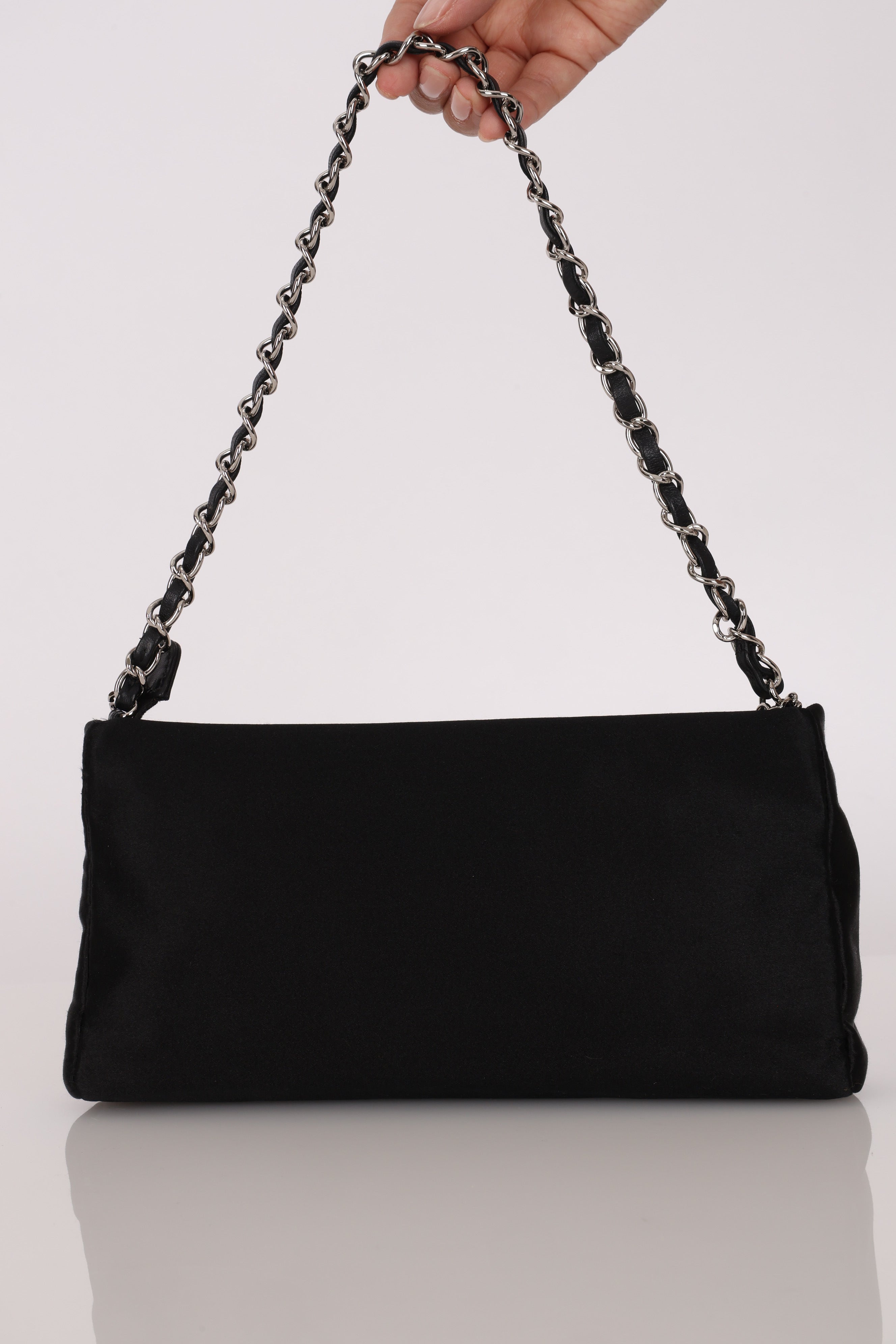 Chanel CC Pearl Logo Shoulder Bag Black Satin SHW