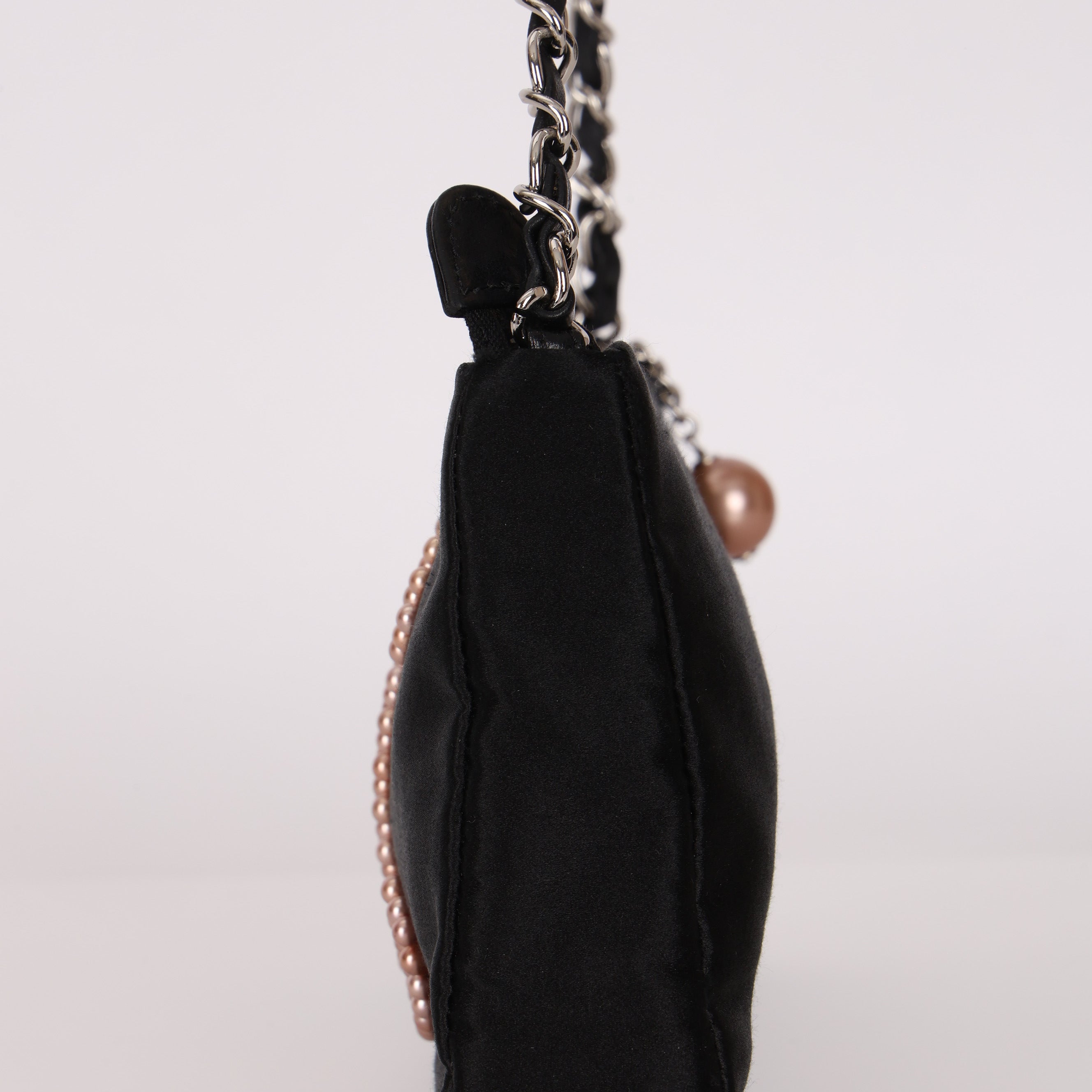 Chanel CC Pearl Logo Shoulder Bag Black Satin SHW