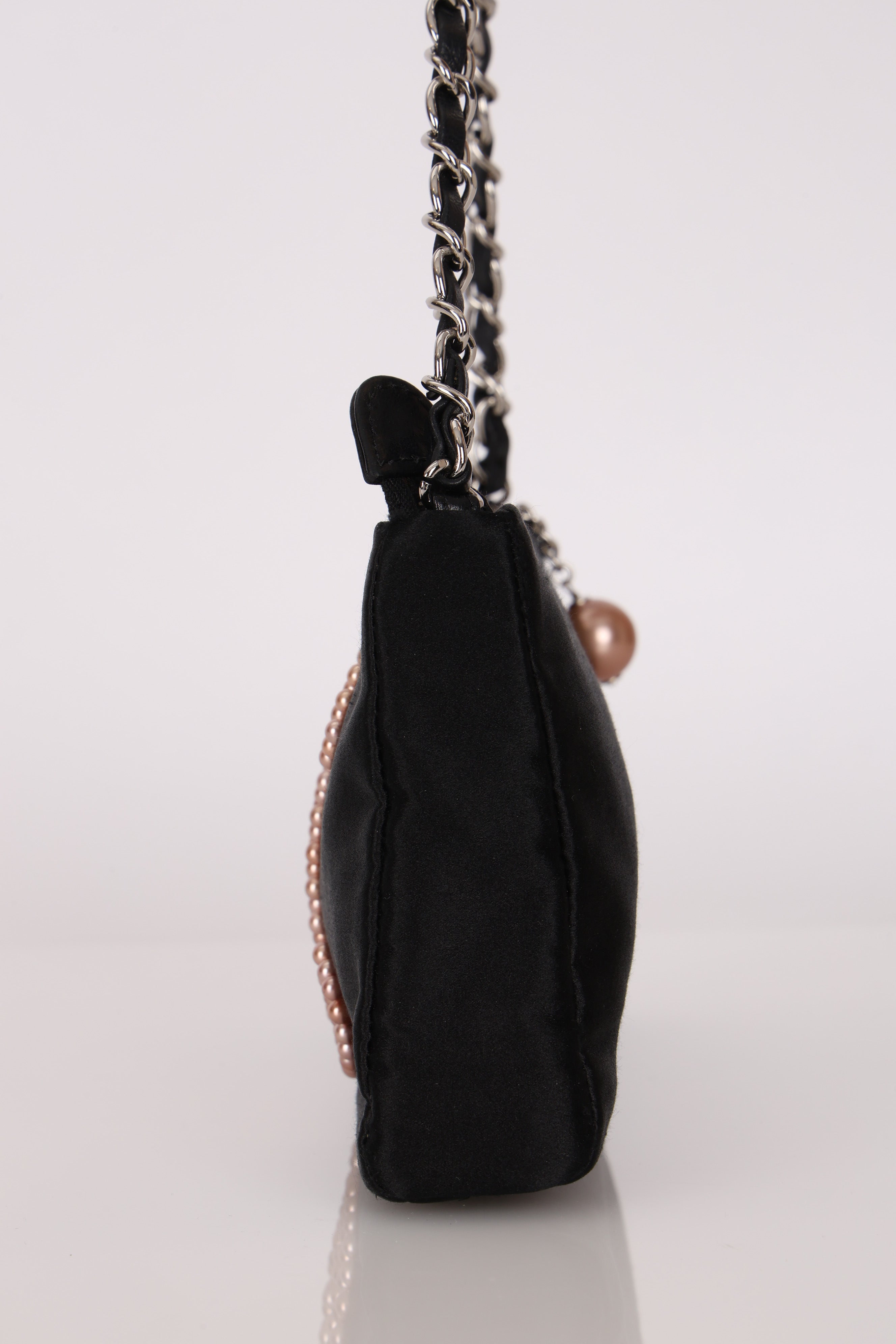 Chanel CC Pearl Logo Shoulder Bag Black Satin SHW