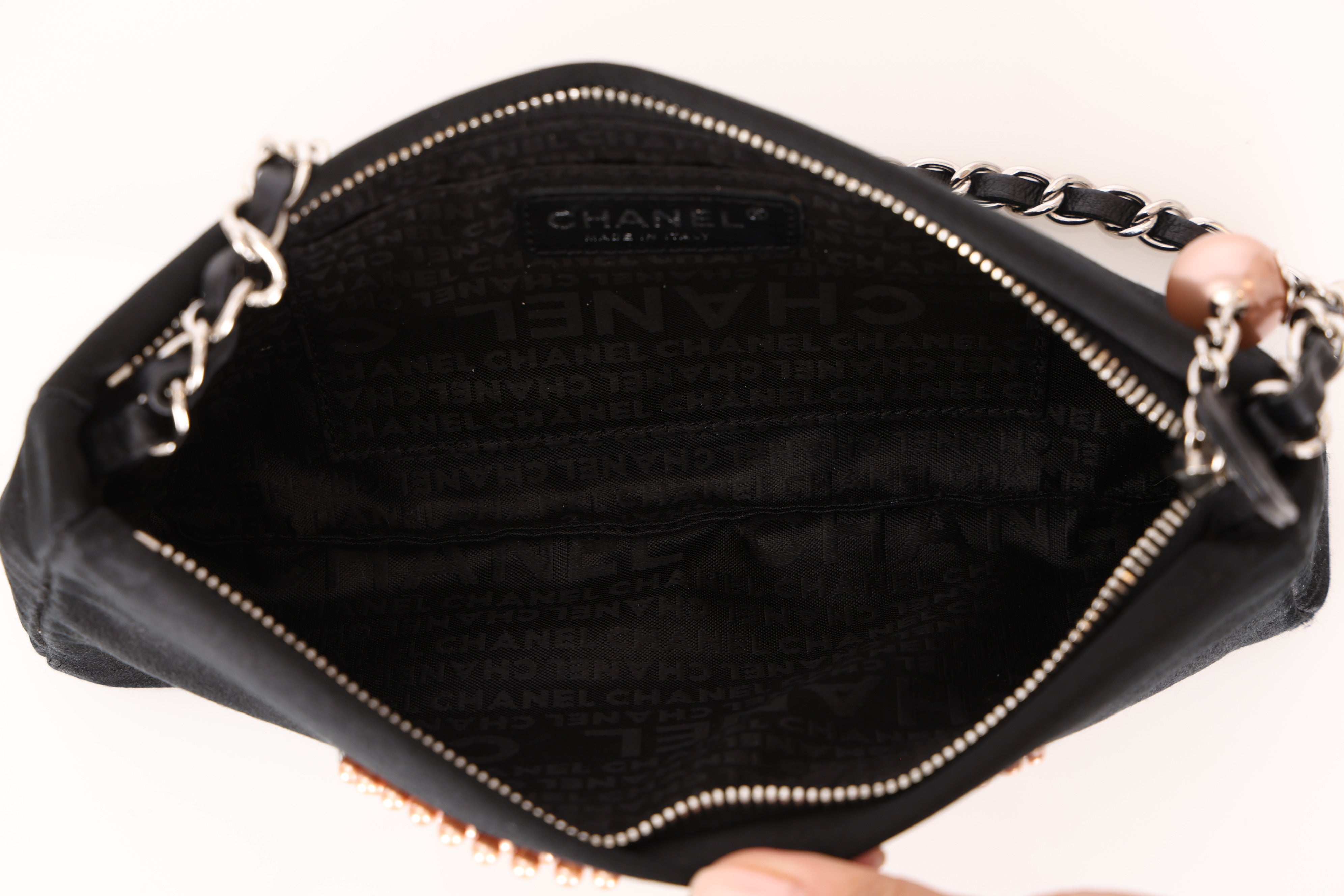 Chanel CC Pearl Logo Shoulder Bag Black Satin SHW